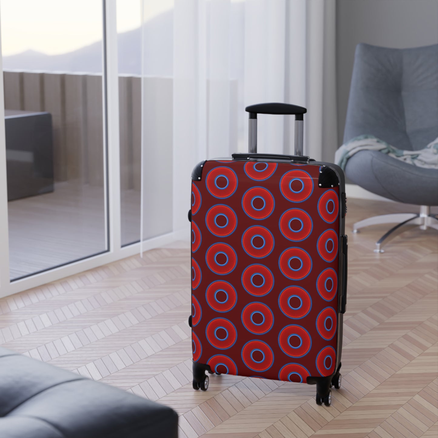 The Very Lumpy Donut Suitcase series - your choice of S, M or L - vivid red donut print w/dark red background