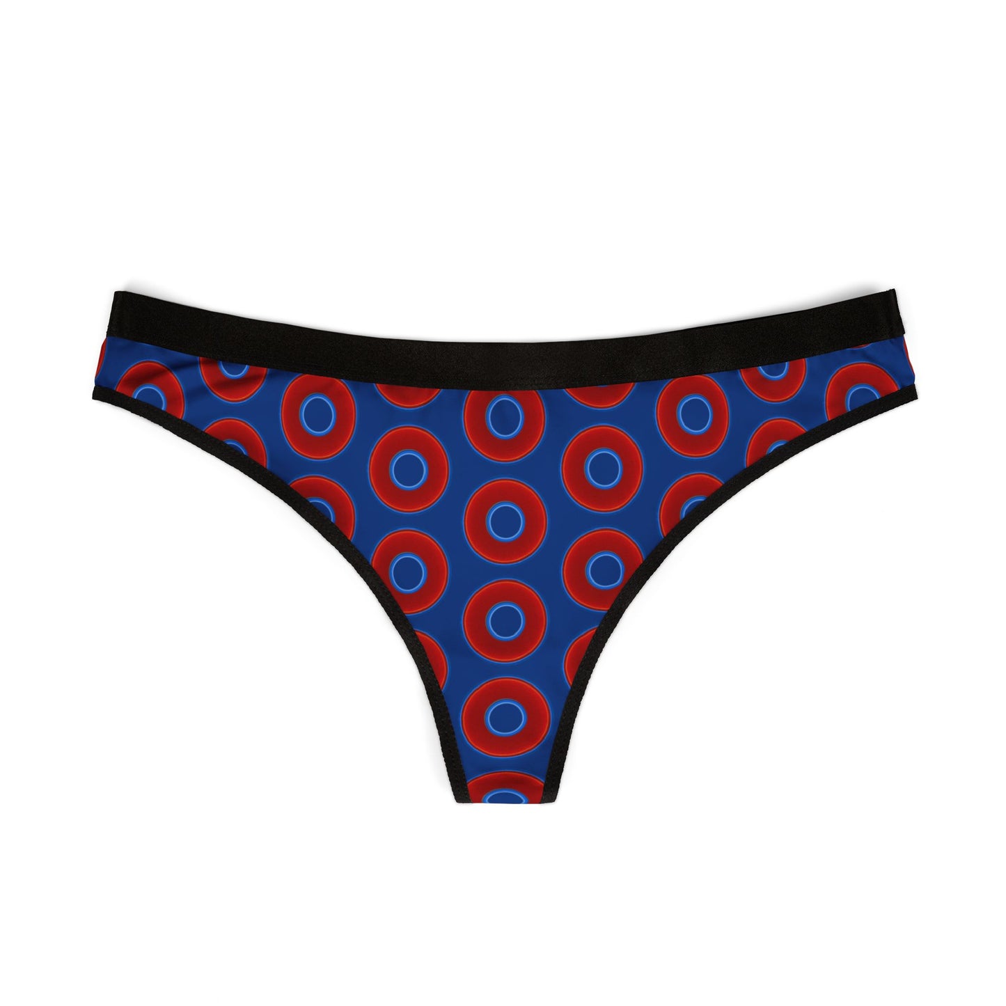 Lumpy Donut Thongs - red vivid donut print w/dark blue background
