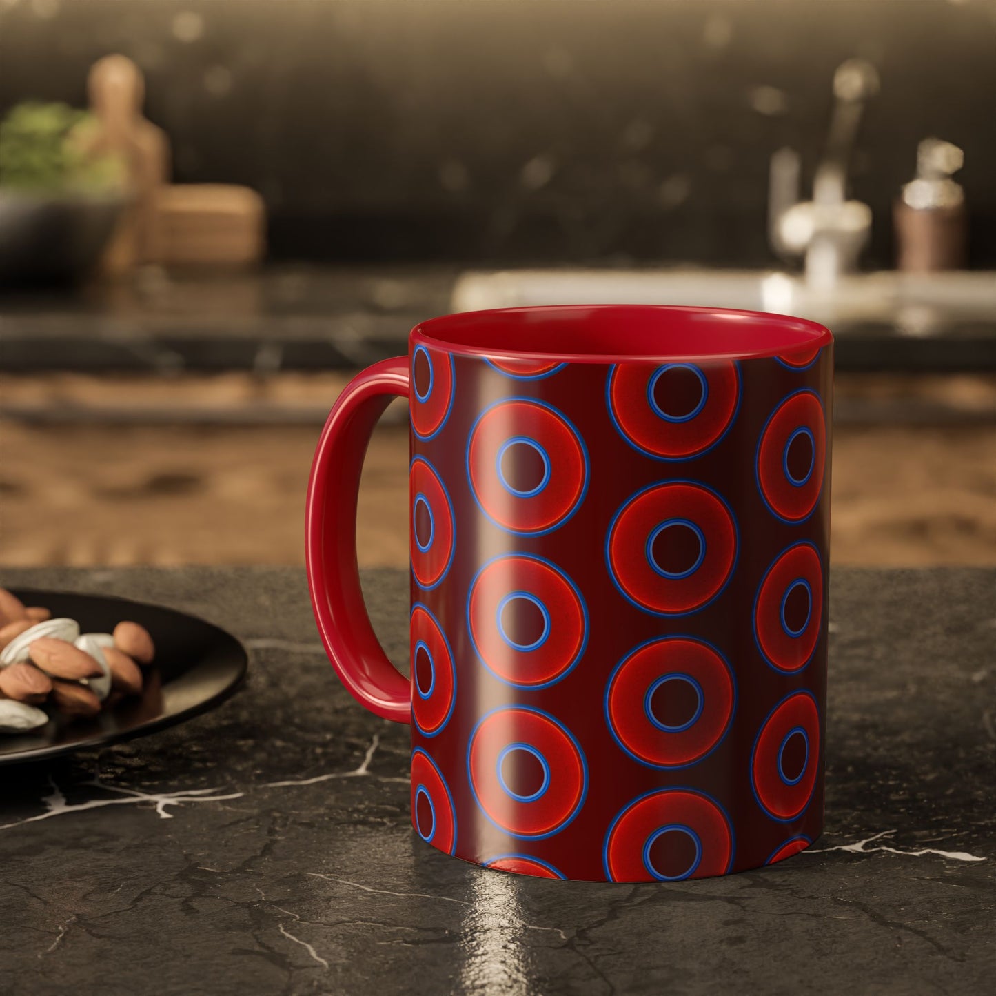Lump's Grumpy Coffee Mug - vivid red donuts w/dark red background