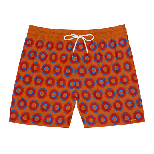 Men's Lumpy Swim Trunks - vivid red donut print w/dark orange background