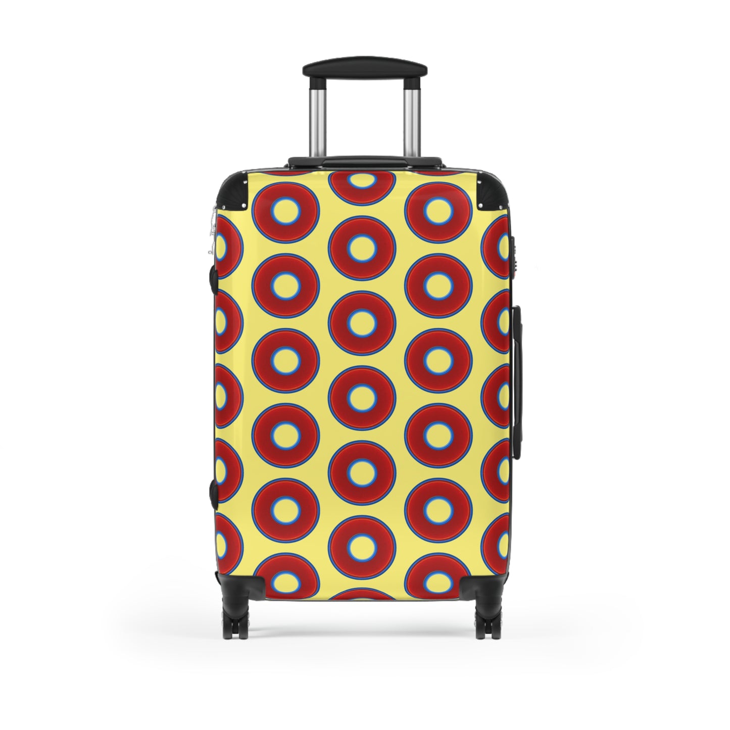 The Very Lumpy Donut Suitcase series - your choice of S, M or L - vivid red donut print w/yellow background