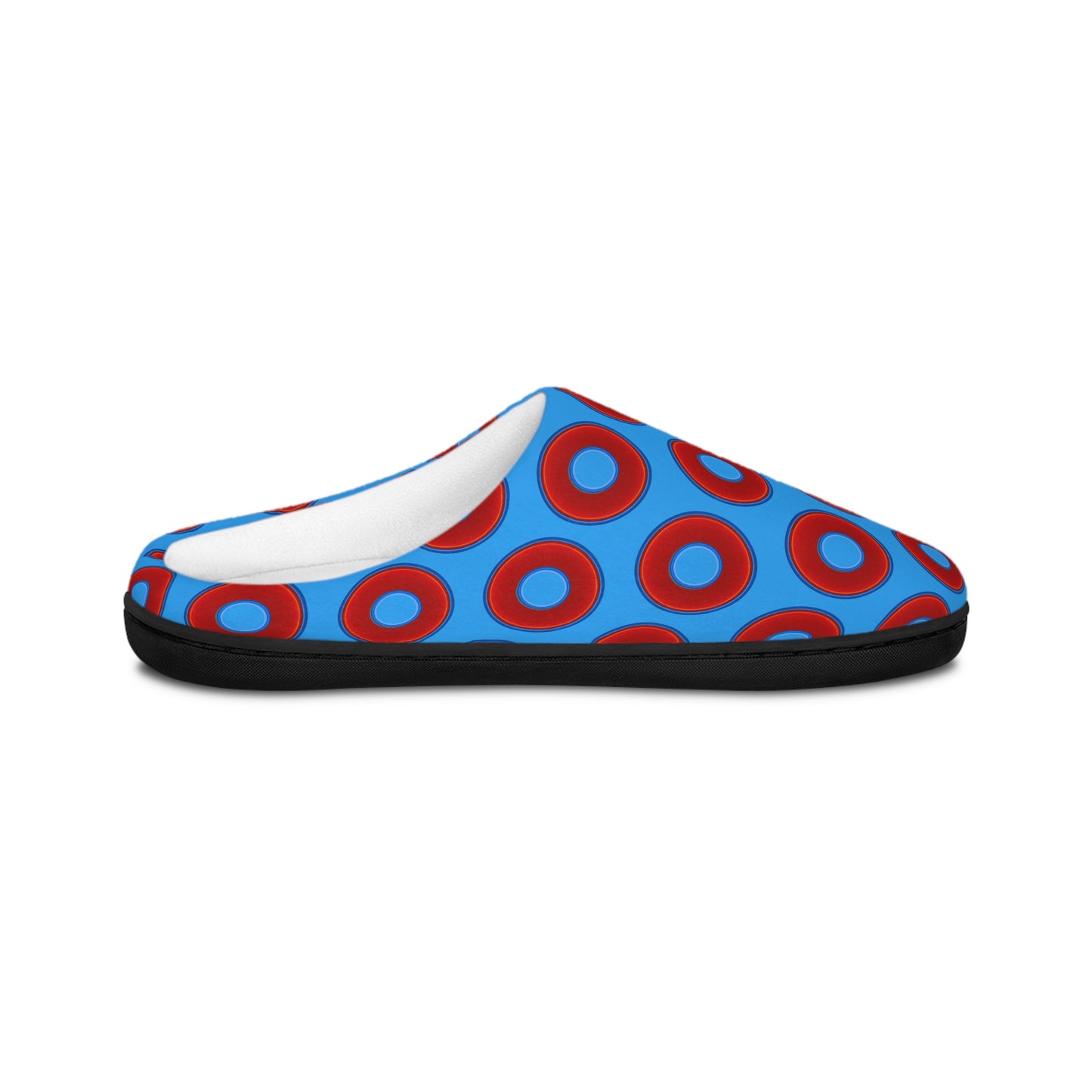 Men's Lumpy Slippers - red vivid donut print w/sky royal blue background