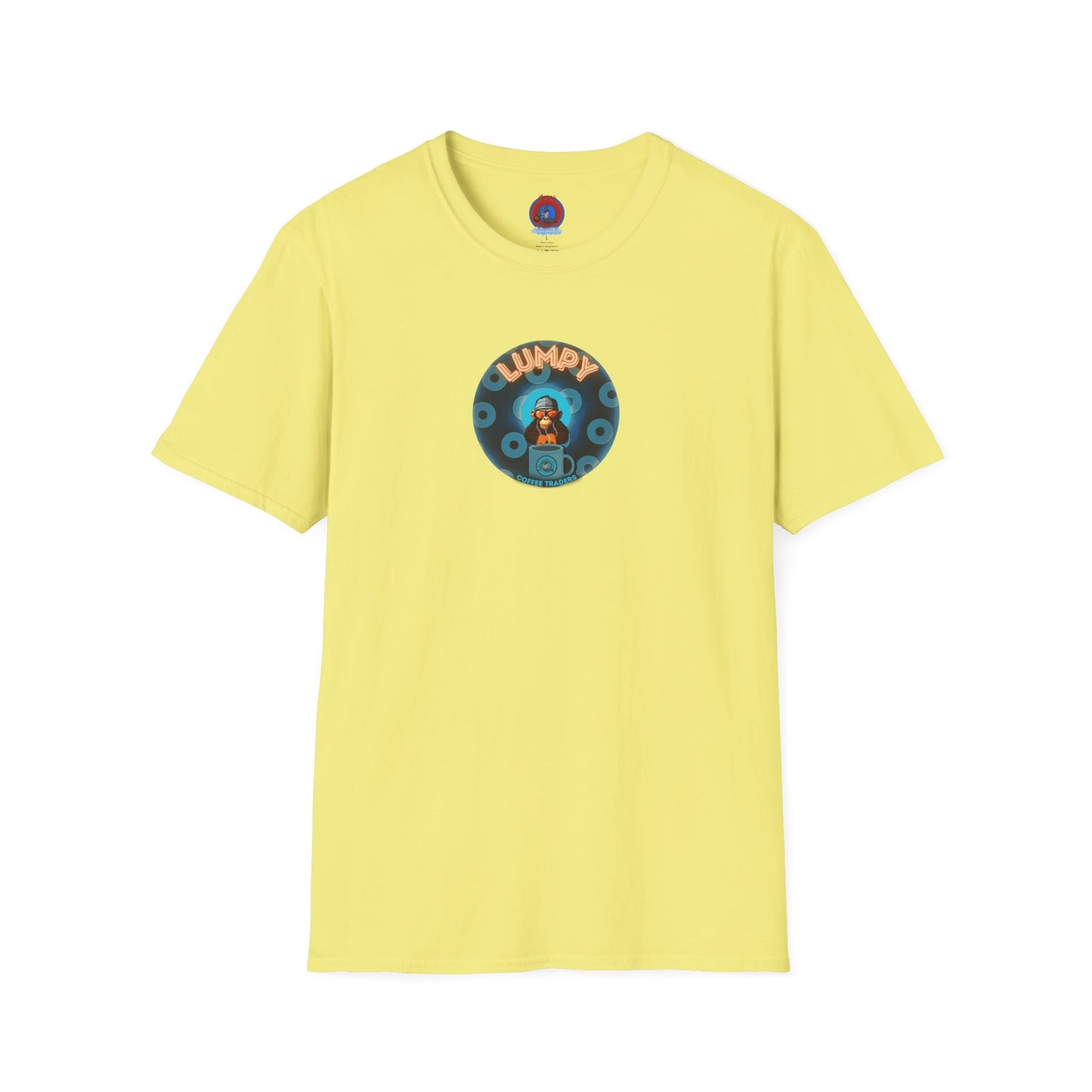 Coffee Traders Tee - Unisex Soft-Style - "Tasty Coffee" - paradoxical donut/cubed blue donut - variant 2 - logo front/It's Ice Cube's back
