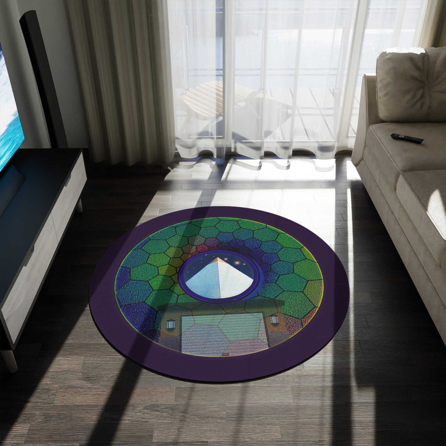 Round Room - 5 ft x 5 ft Lumpy Donut Rug - "Limestone Donut Rug so Large" - green hexadonut w/midnight purple background - variant 8