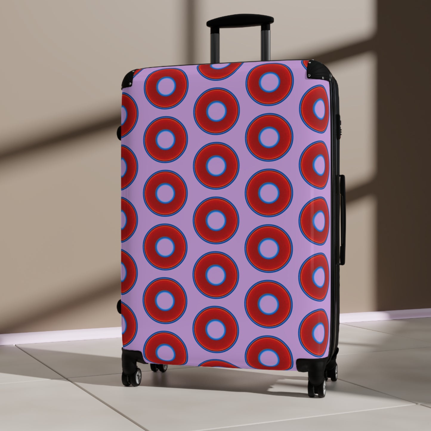 The Very Lumpy Donut Suitcase series - your choice of S, M or L - vivid red donut print w/wisteria purple background