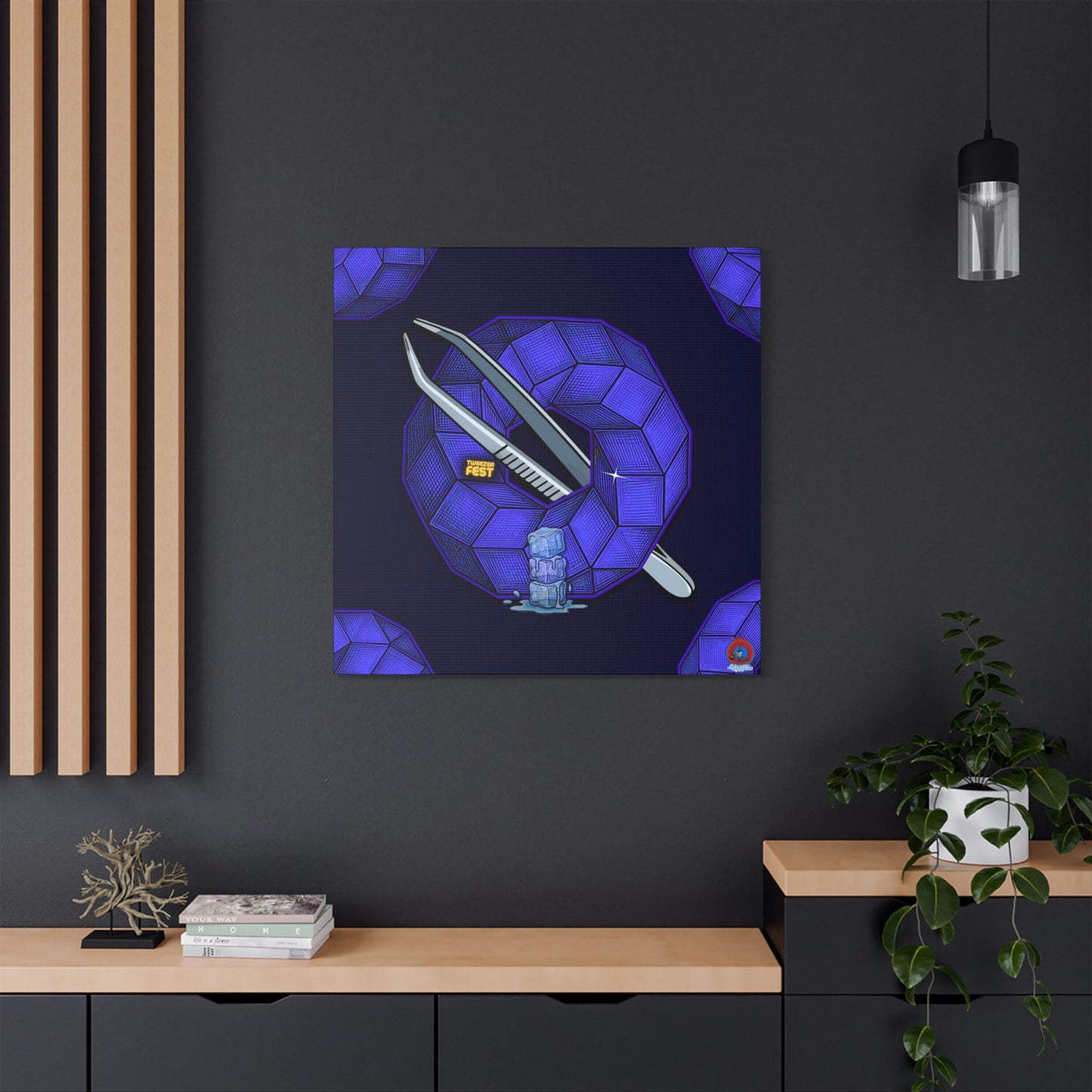 GIANT  Canvas [36" x 36"] - "Uncle Ebenezer's Donut" - blue cubed donuts - w/donut pattern - variant 2