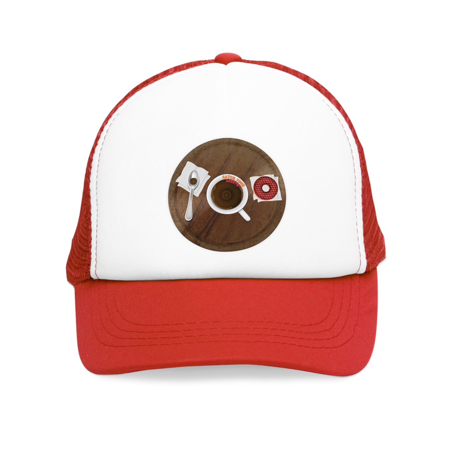 Lumpy Trucker Hat - "Donuts to Start Your Day" - wooden table/coffee cup - donuts in plain sight