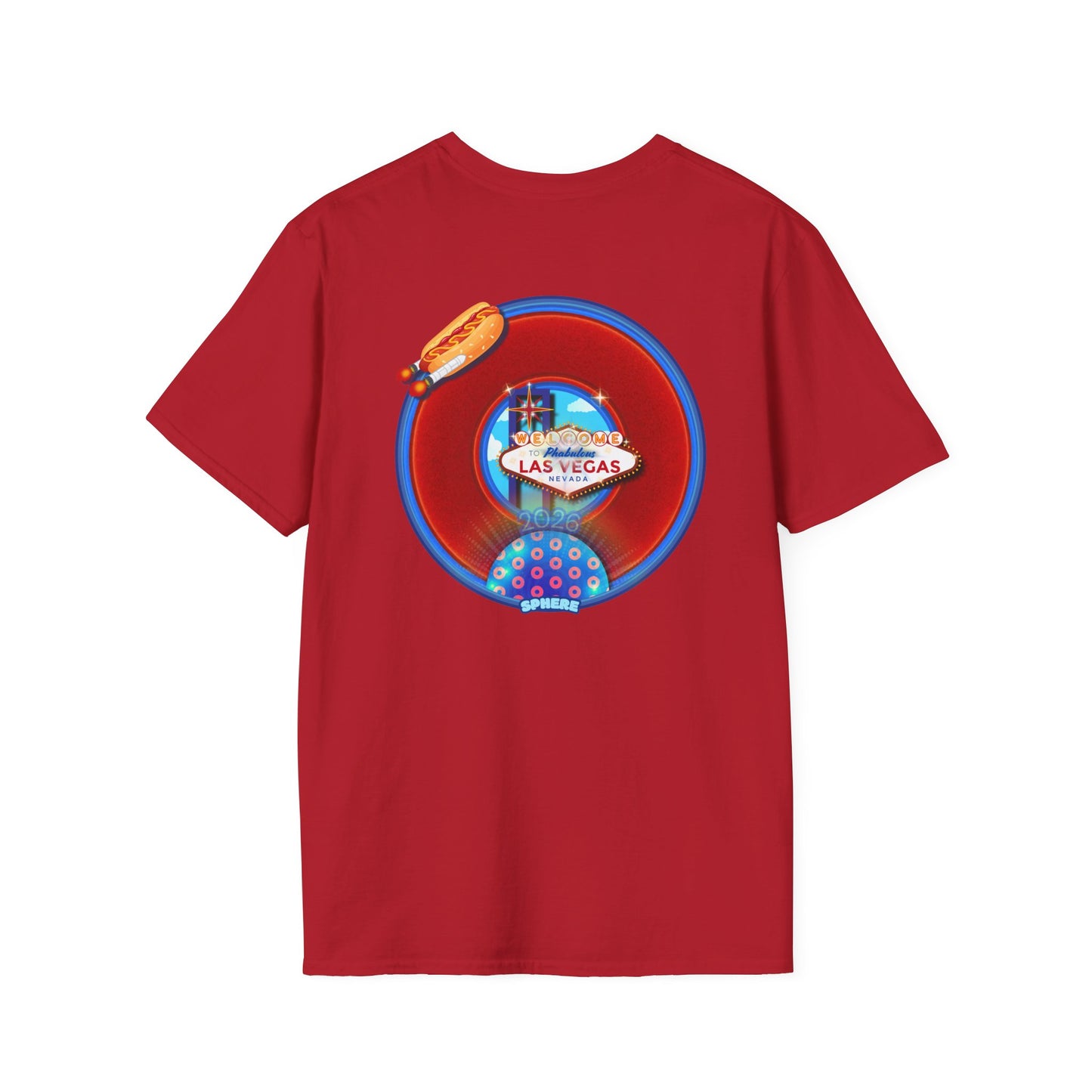 Classic Donut Tee - Unisex Soft-Style - "Viva Las Vegas Donut" -  vivid red donut w/raw dogger - variant 4
