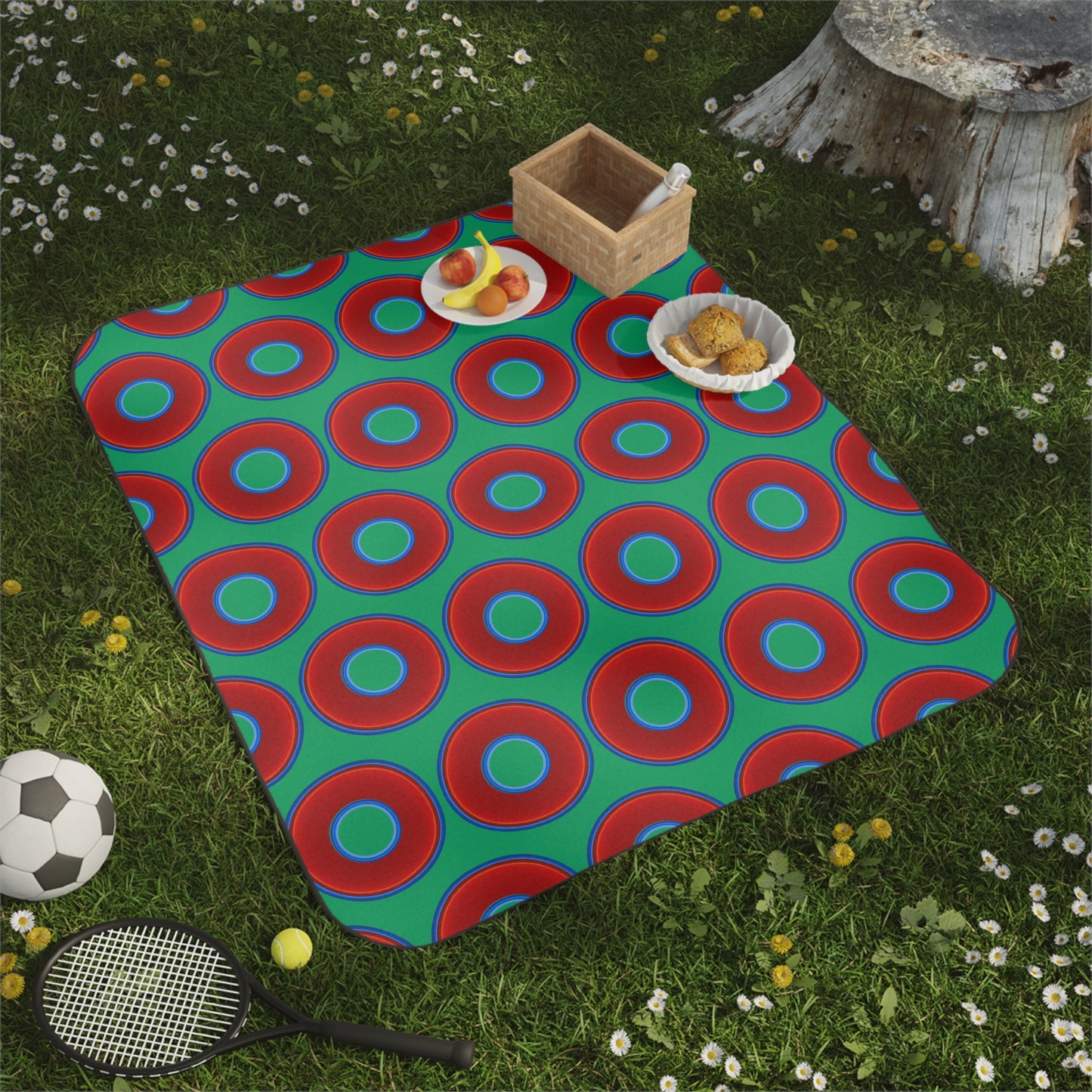 The Lumpy Party Blanket - giant water-resistant outdoor blanket [61" x 51"] - vivid red donuts w/jade green background