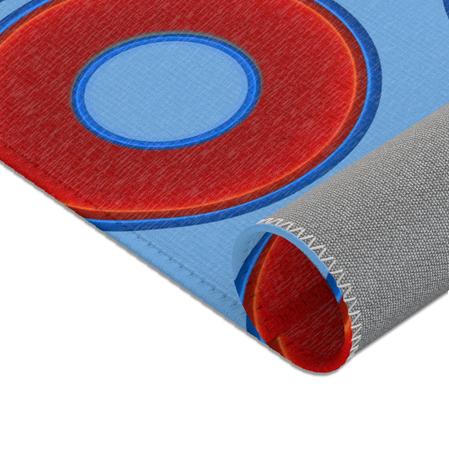 Lumpy Donut Print Rug - choice of 3 sizes - vivid red donut print w/light blue background