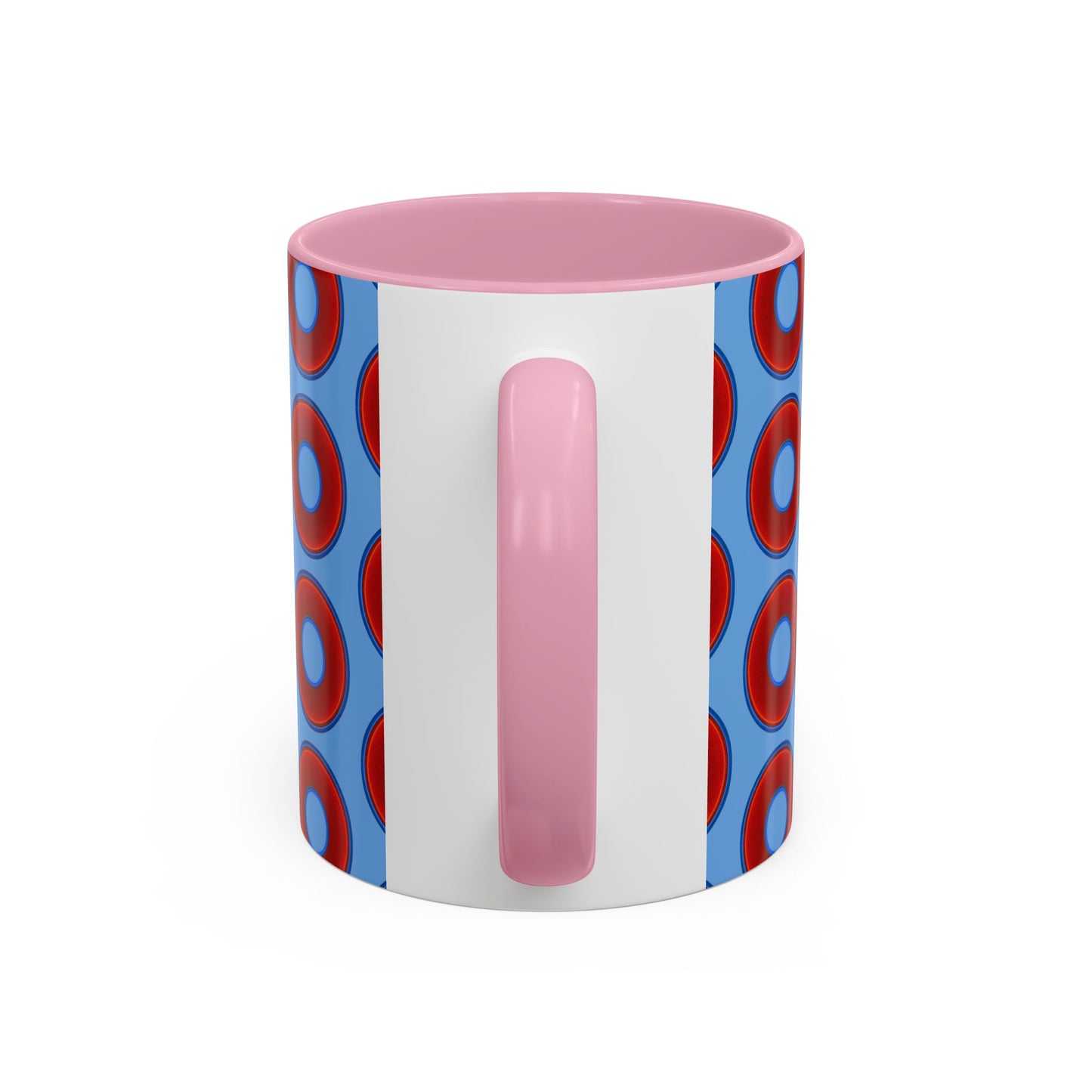 Lump's Grumpy Coffee Mug - vivid red donuts w/light blue background