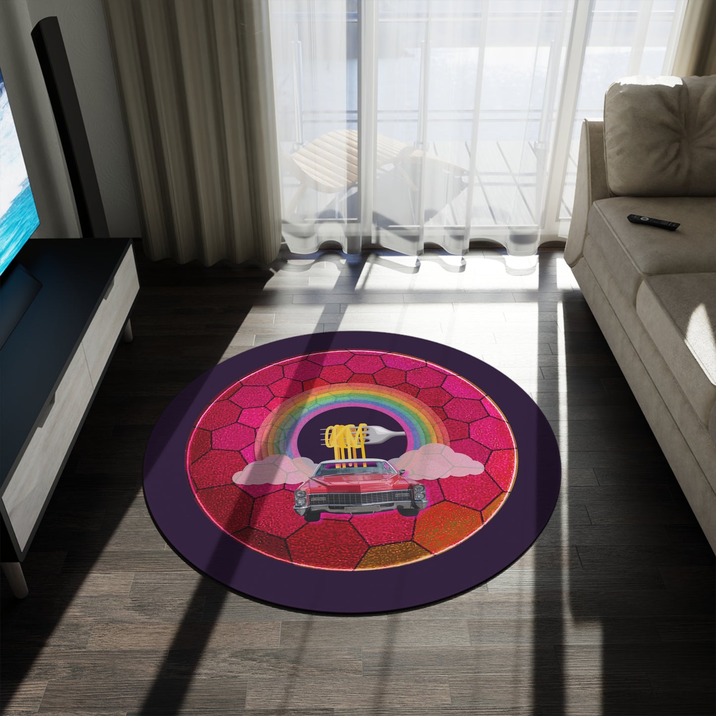 Round Room - 5 ft x 5 ft Lumpy Donut Rug - "Cadillac Rainbow Donut Rug" - magenta hexadonut w/dark navy background - variant 1