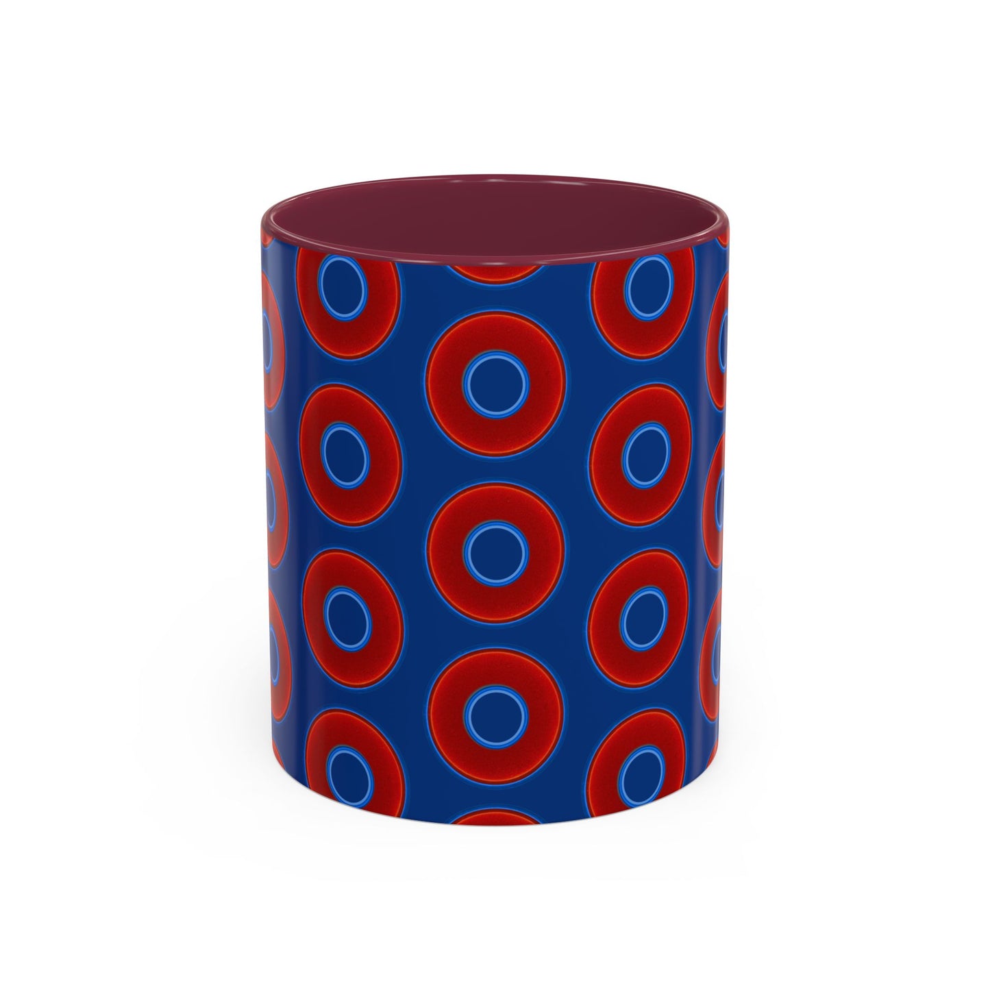 Lump's Grumpy Coffee Mug - vivid red donuts w/dark blue background