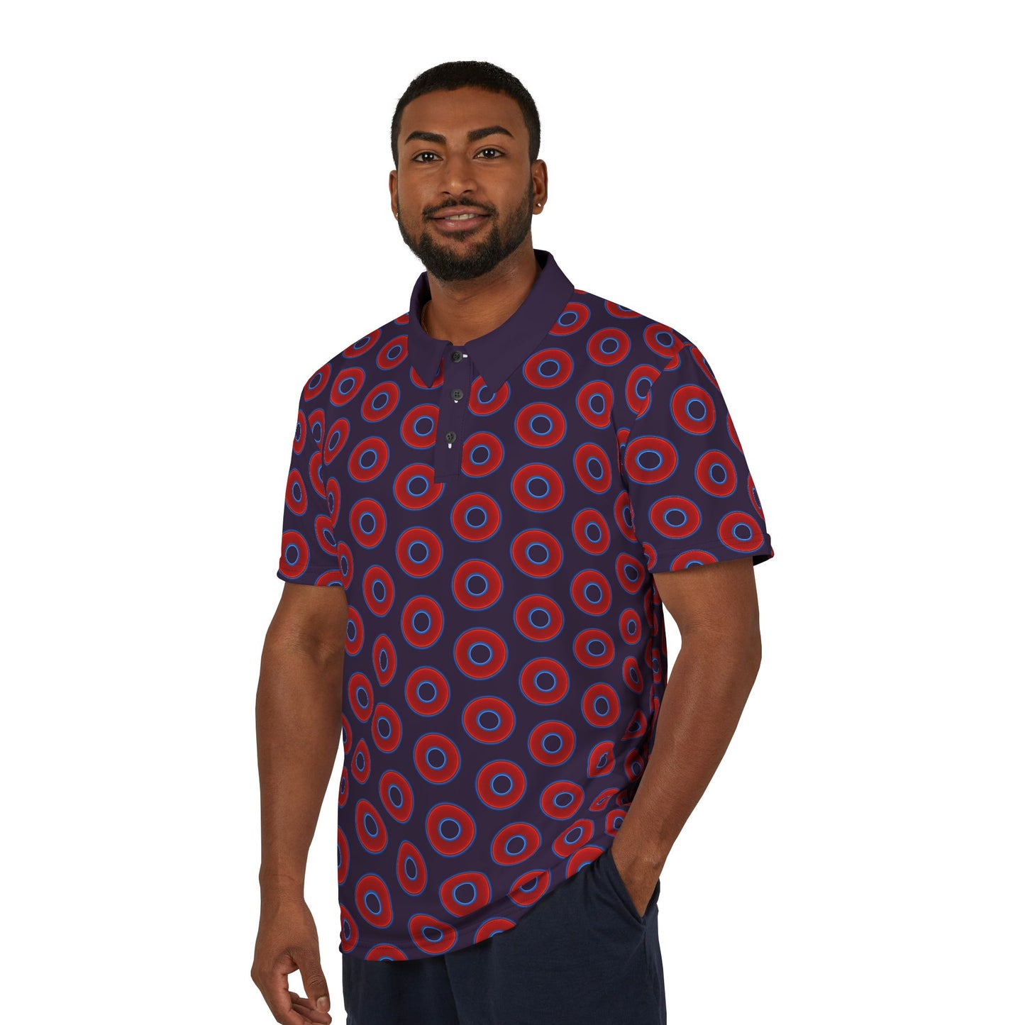AOP Donut Polo - vivid donut print w/midnight purple background [unisex]