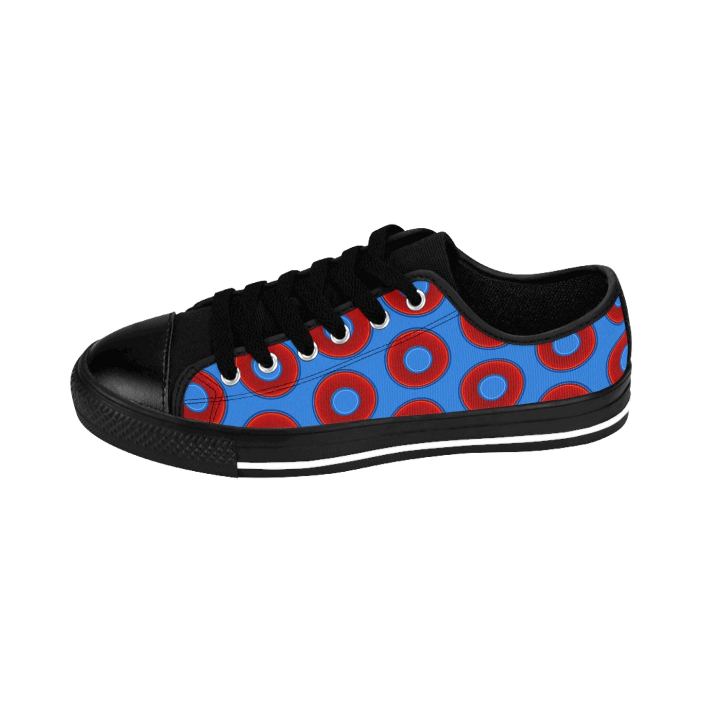 Women's Cushiony Convectors - Low Top - large red vivid donut print w/light royal blue background