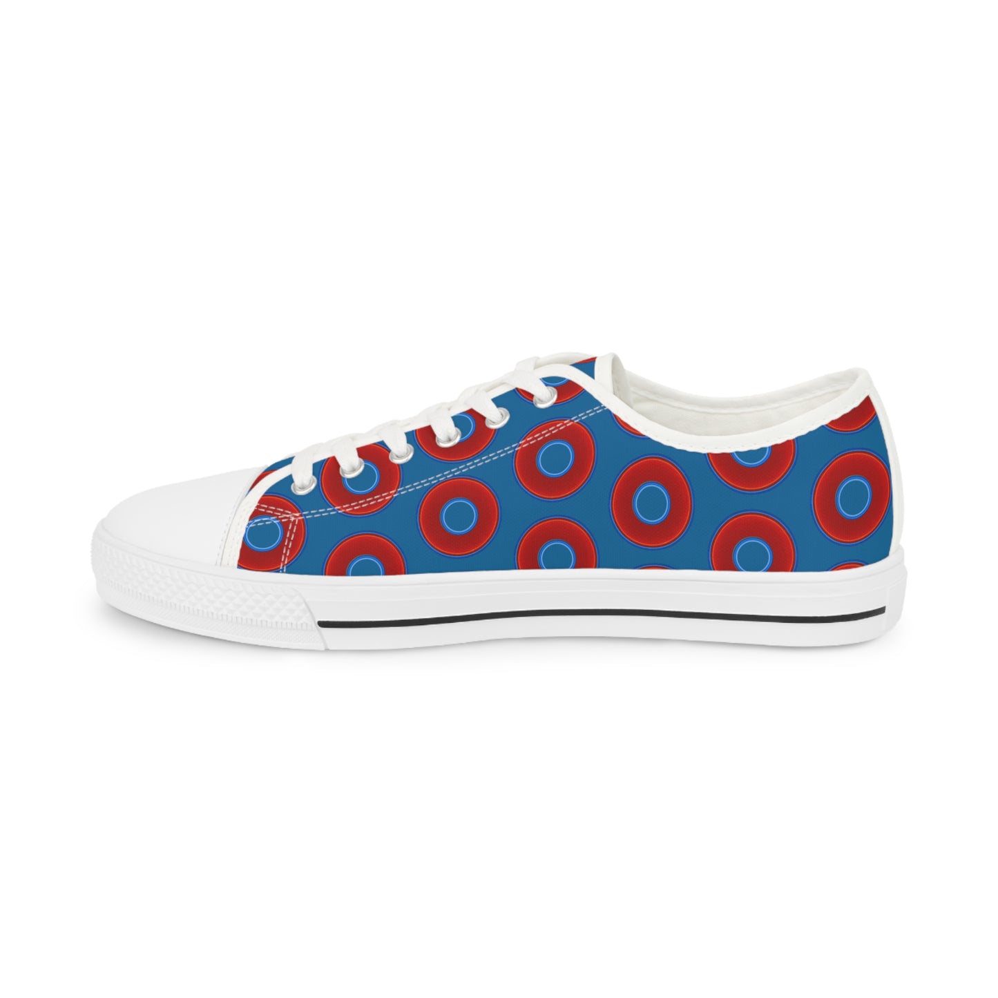 Men's - Low Top Chuck Taylors - large vivid red donut print w/wavy navy blue background