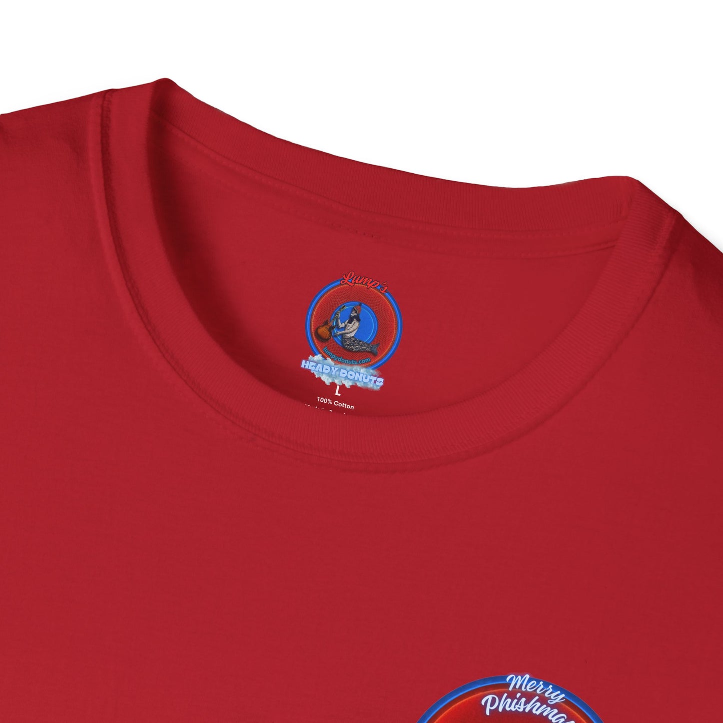 Classic Donut Tee - Unisex Soft-Style - "Phishmas Caroler's Tee " - vivid red/blue donut - variant 2