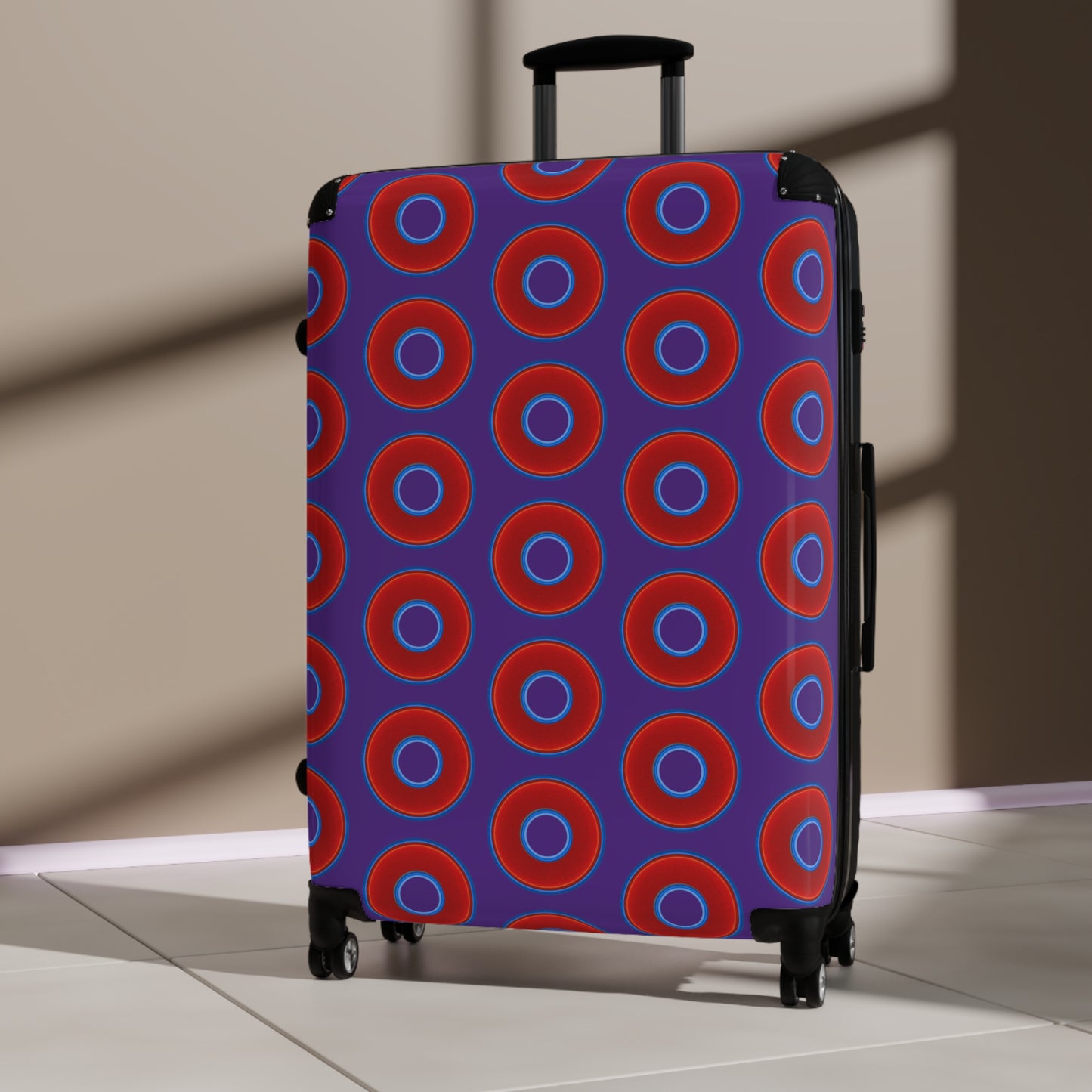 The Very Lumpy Donut Suitcase series - your choice of S, M or L - vivid red donut print w/dark purple background