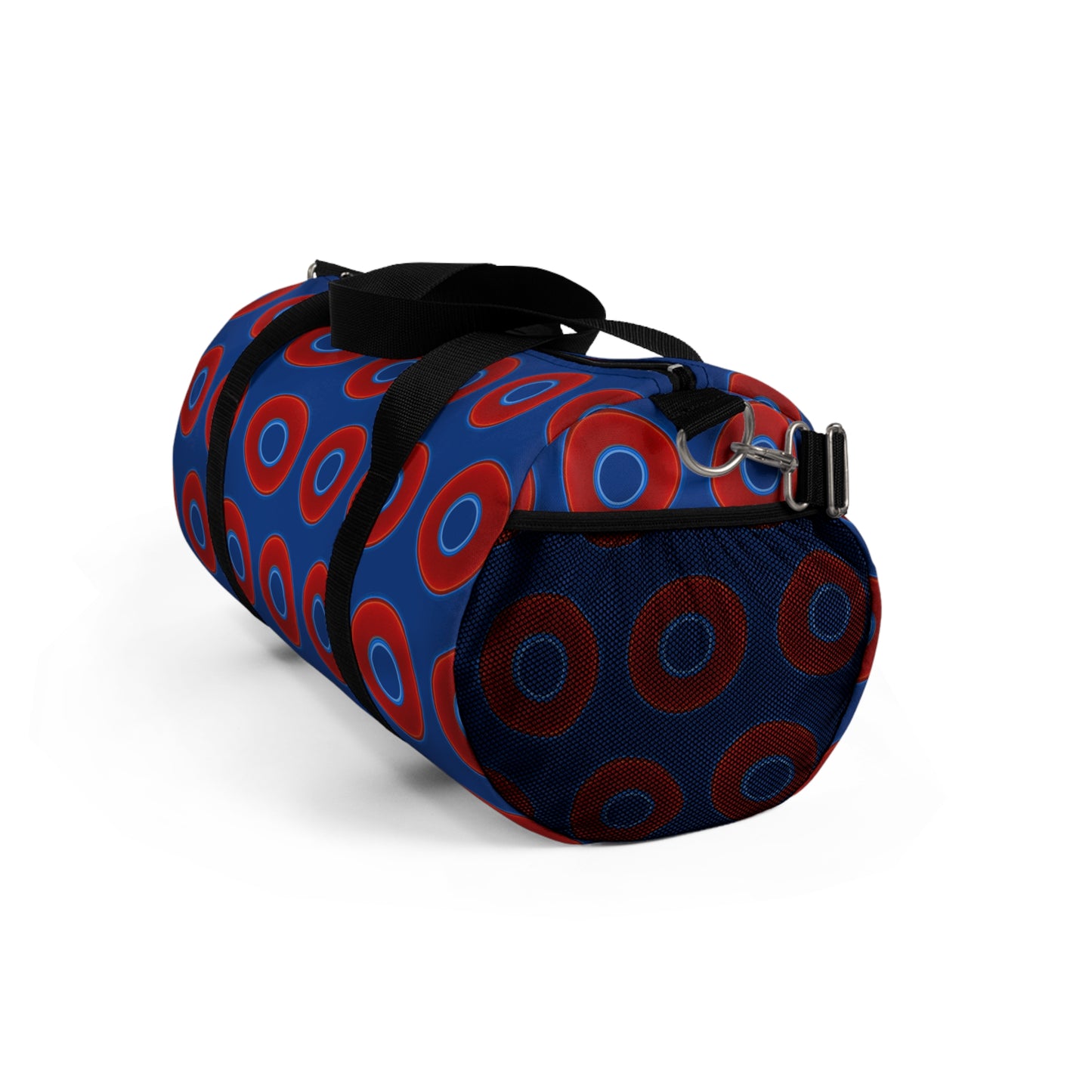 Lumpy Duffel - vivid red donuts w/dark blue background
