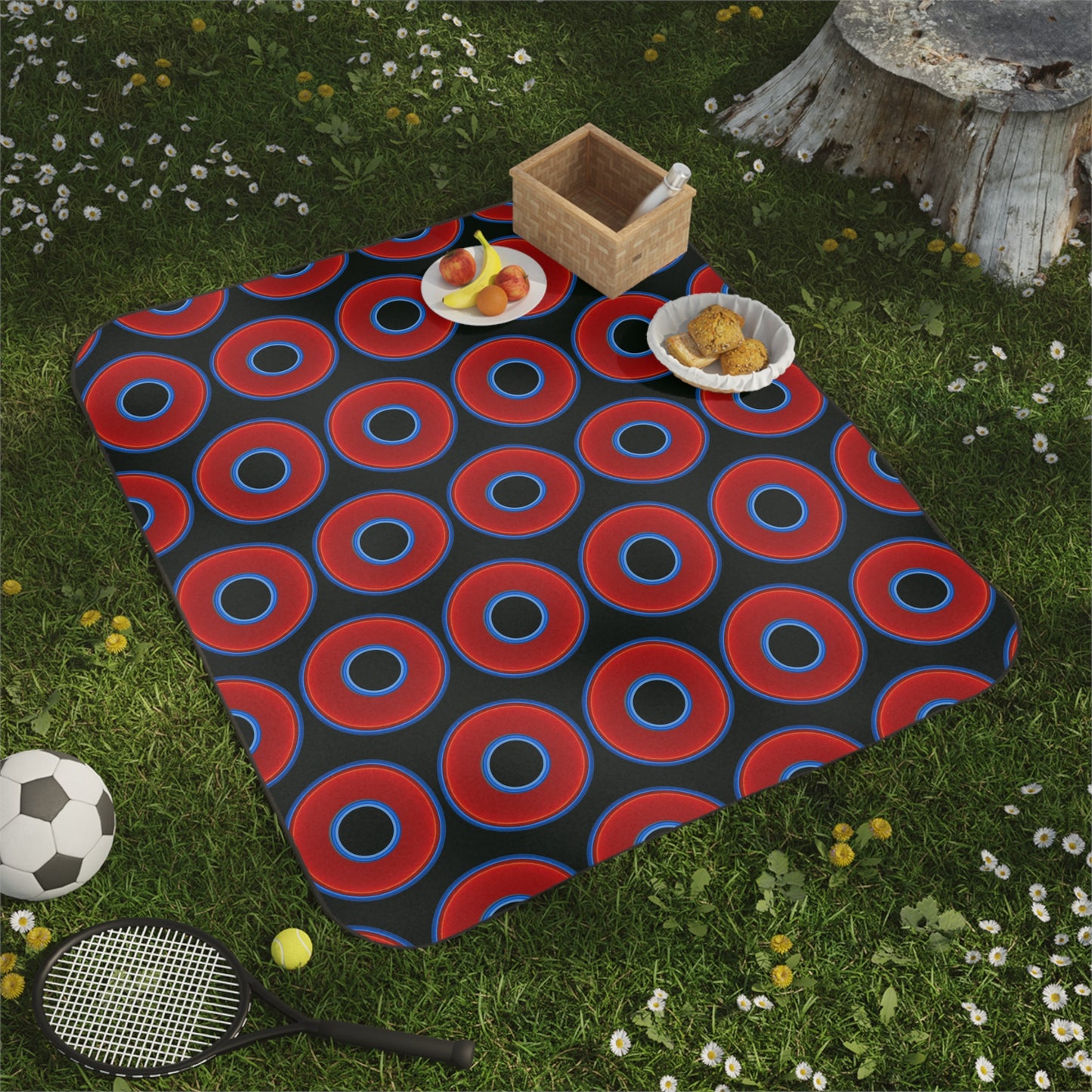 The Lumpy Party Blanket - giant water-resistant outdoor blanket [61" x 51"] - vivid red donuts w/midnight moss green background