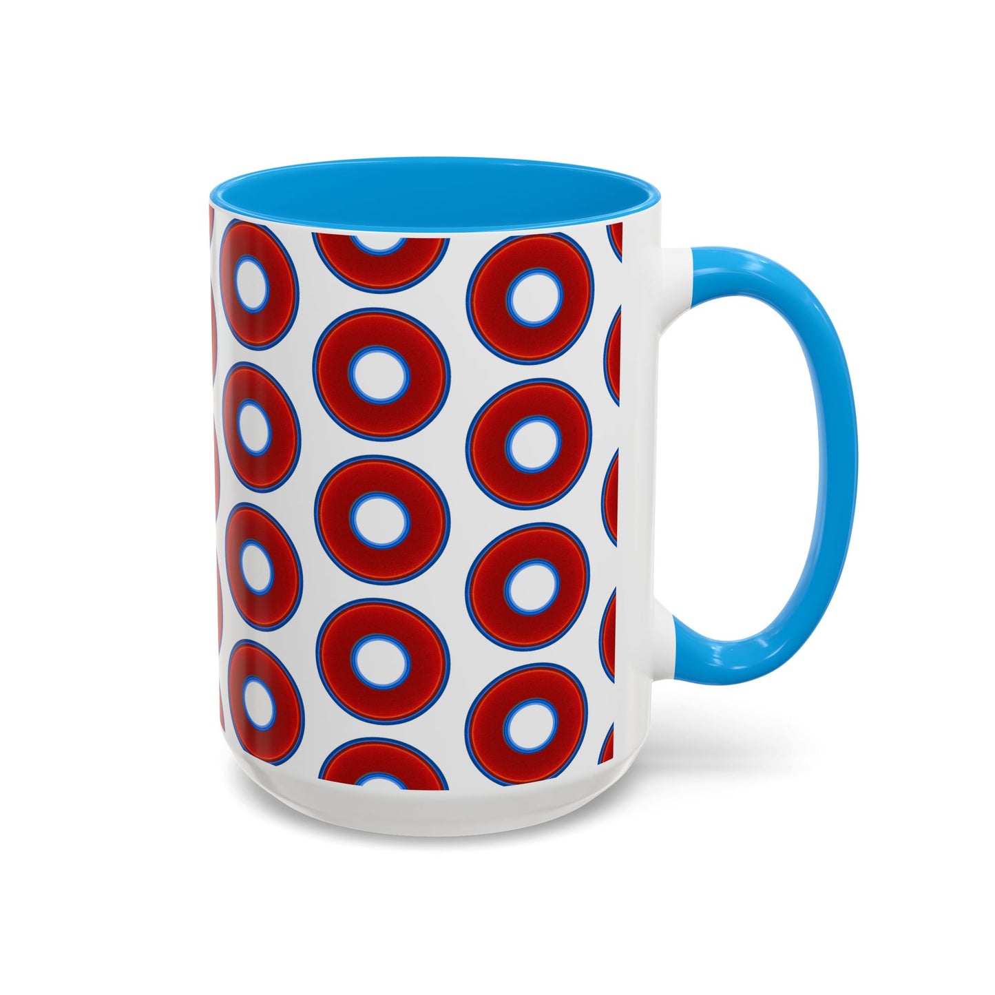 Lump's Grumpy Coffee Mug - vivid red donuts w/white background