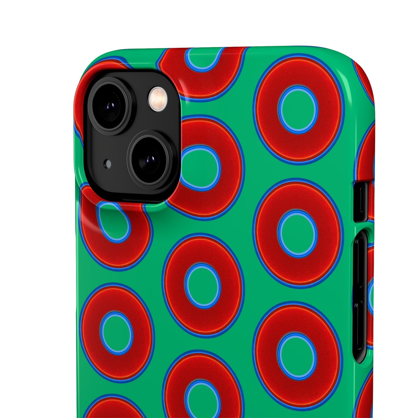 Lumpy Donut Snap Case - red vivid donut print w/jade green background