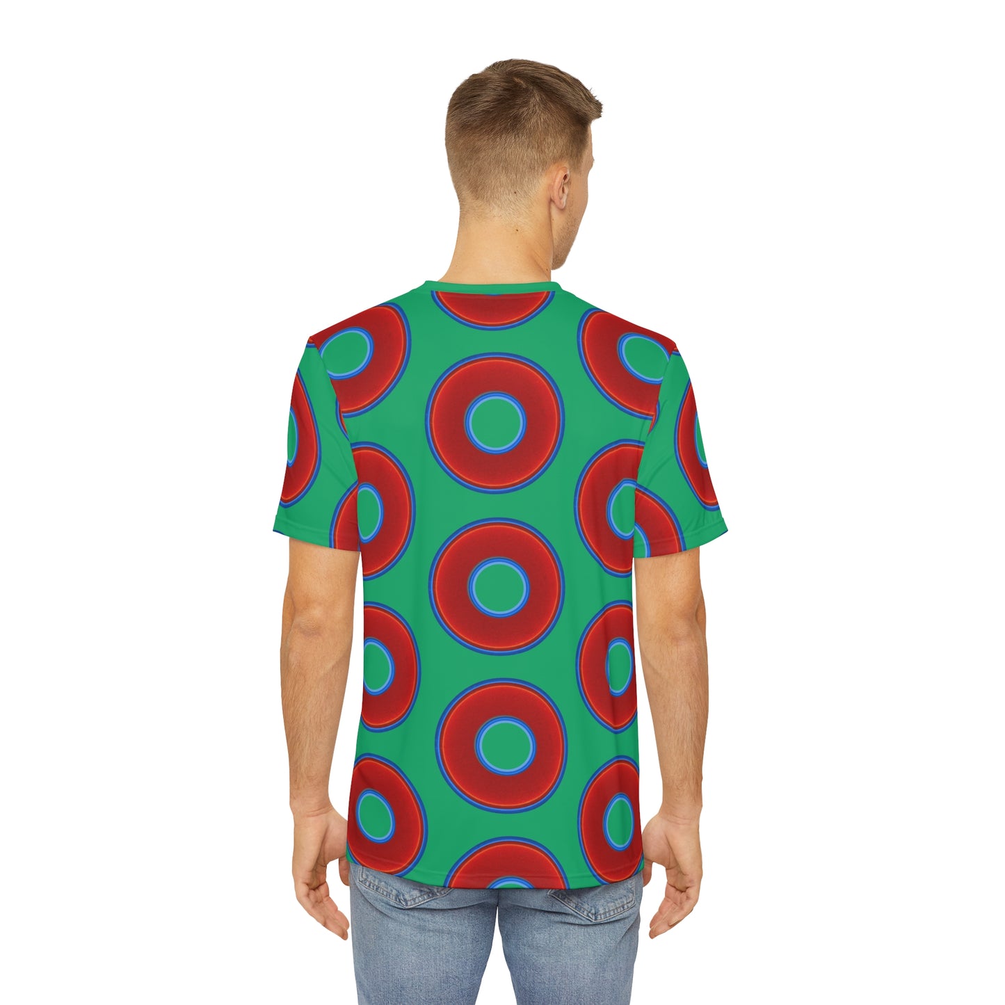 Multi-Beastie Giant Donut AOP Polyester Tee - red vivid donut print w/jade green background