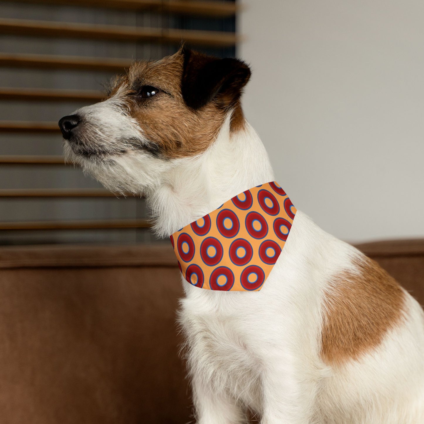 Jim's Lumpy Bandana Pet Collar - vivid red donuts w/creamsicle orange background