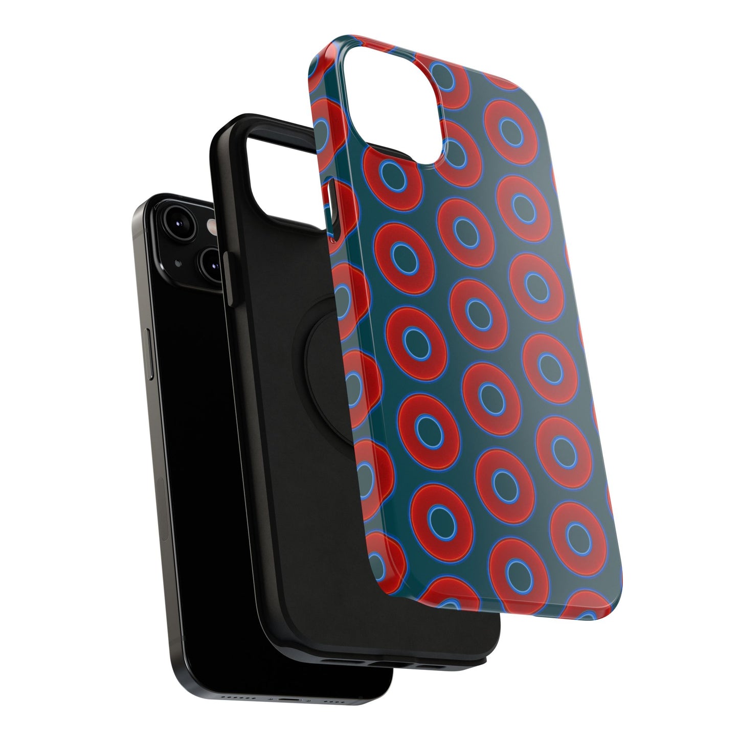 Impact-Resistant Lumpy Donut Case - red vivid donut print w/midnight green background