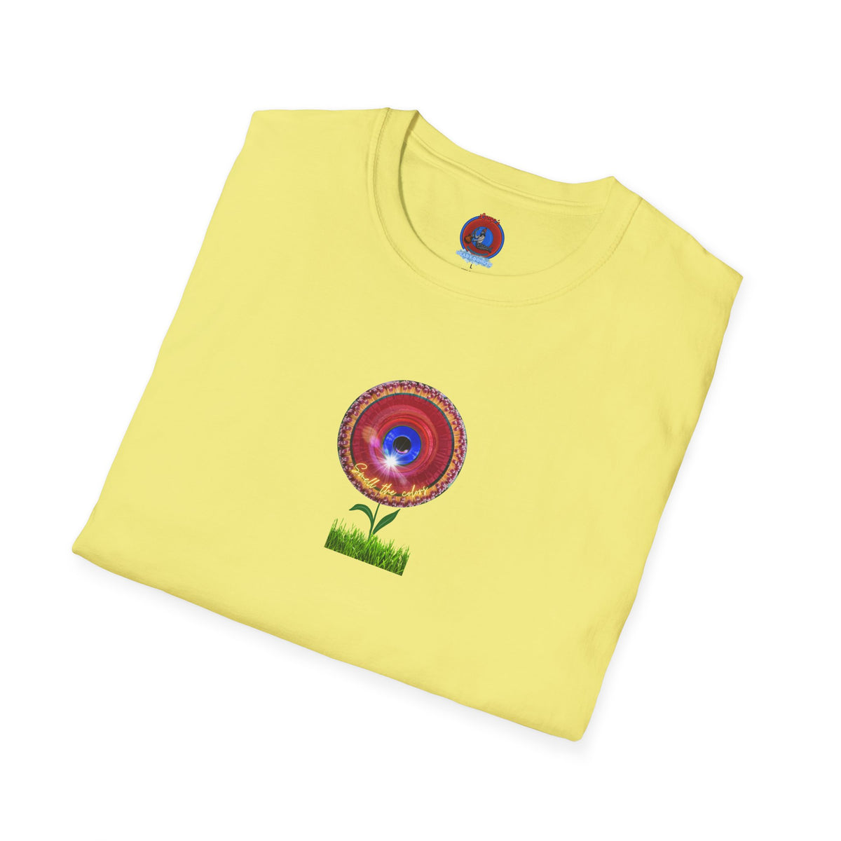 Classic Donut Tee - Unisex Soft-Style - "Smell the Donuts Outside on my Lawn"  " variant 2 - blue donut on red donut/flower