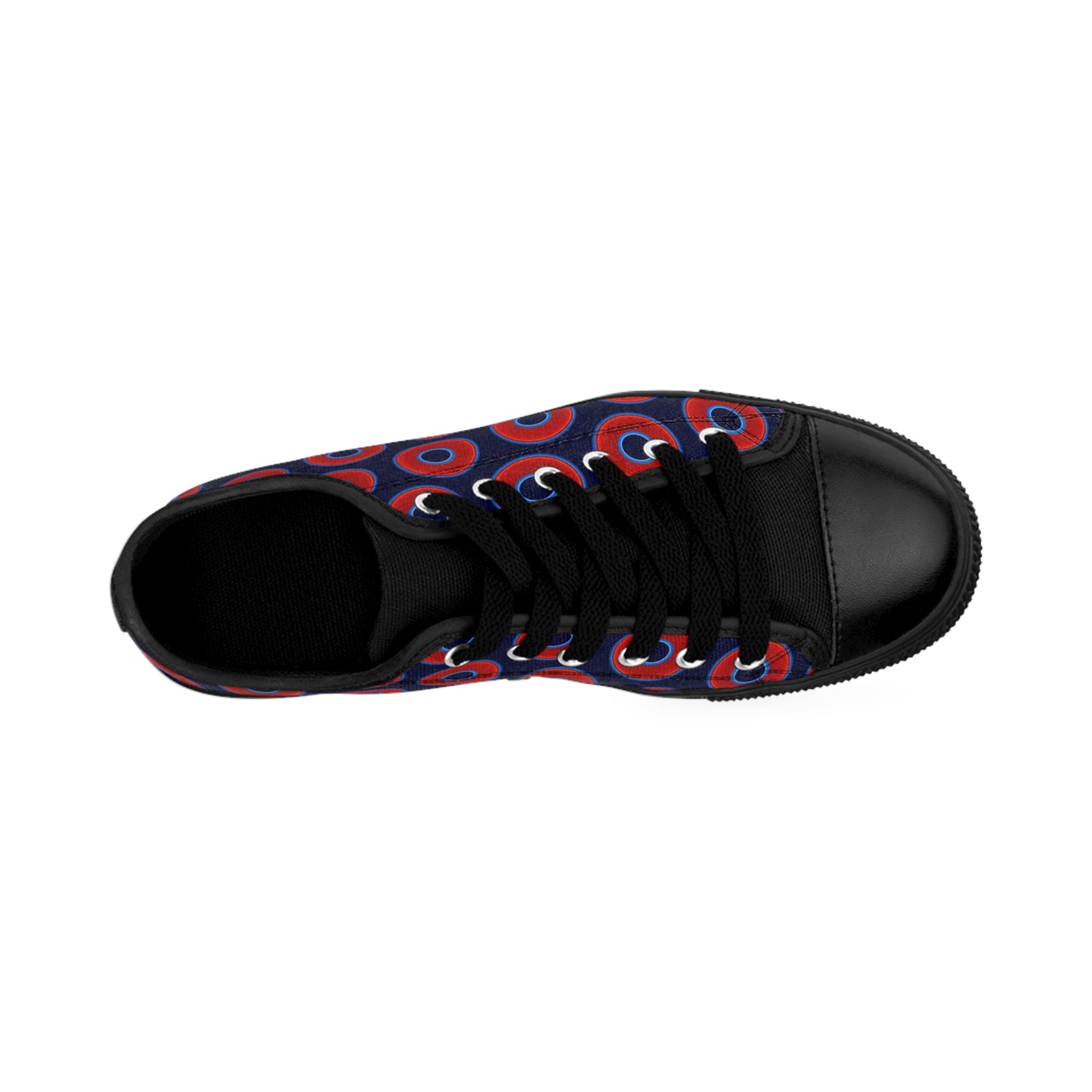 Men's Cushiony Convectors - Low Top - large red vivid donut print w/dark navy blue background