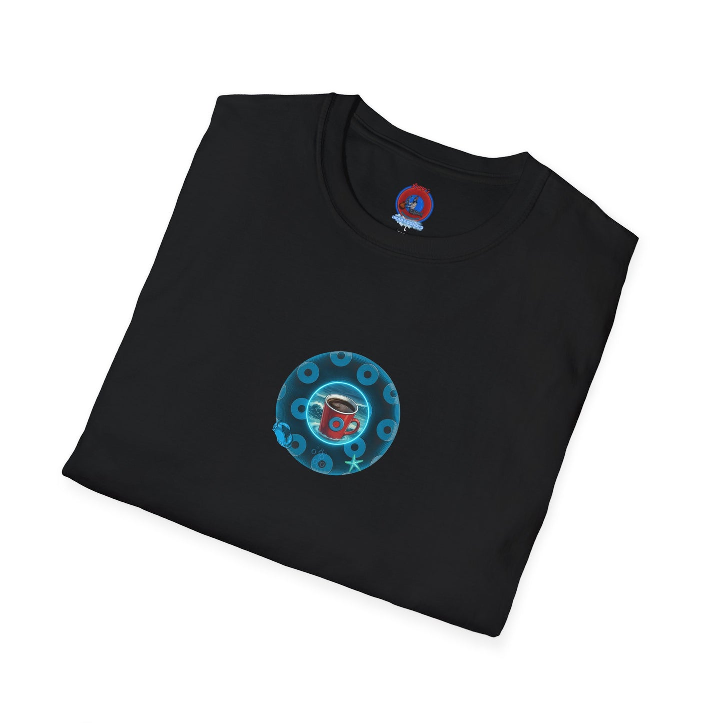 Lumpy Coffee Traders Tee - Unisex Soft-Style - "Good to Last Leaky Drop" - paradoxical donut - variant 2 - ocean donut front/logo back