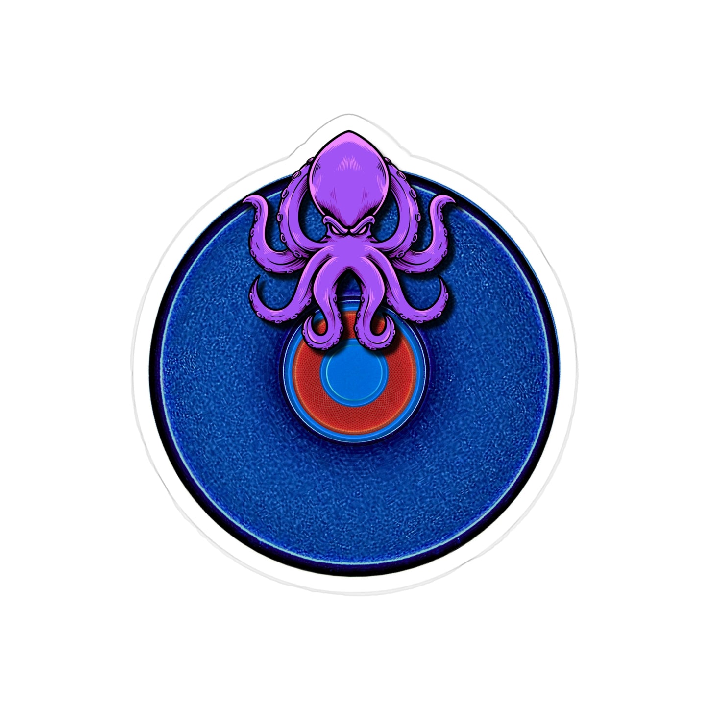 Donut Bumper/Outdoor Sticker - "Roger Moore's Donut" - variant 4 - blue donut w/octopus & red donut center - [Die-Cut] 6"x 6"