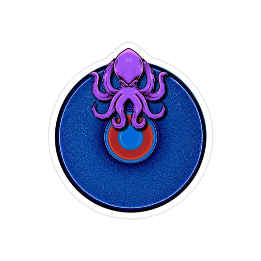 Donut Bumper/Outdoor Sticker - "Roger Moore's Donut" - variant 4 - blue donut w/octopus & red donut center - [Die-Cut] 6"x 6"