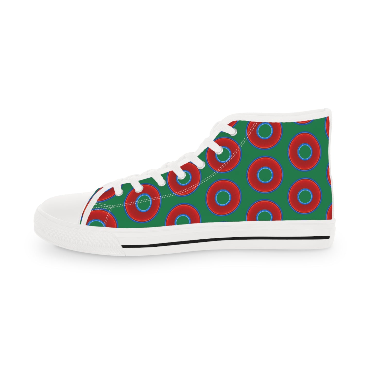 Men's High Top Chucks - large vivid red donut print w/green background