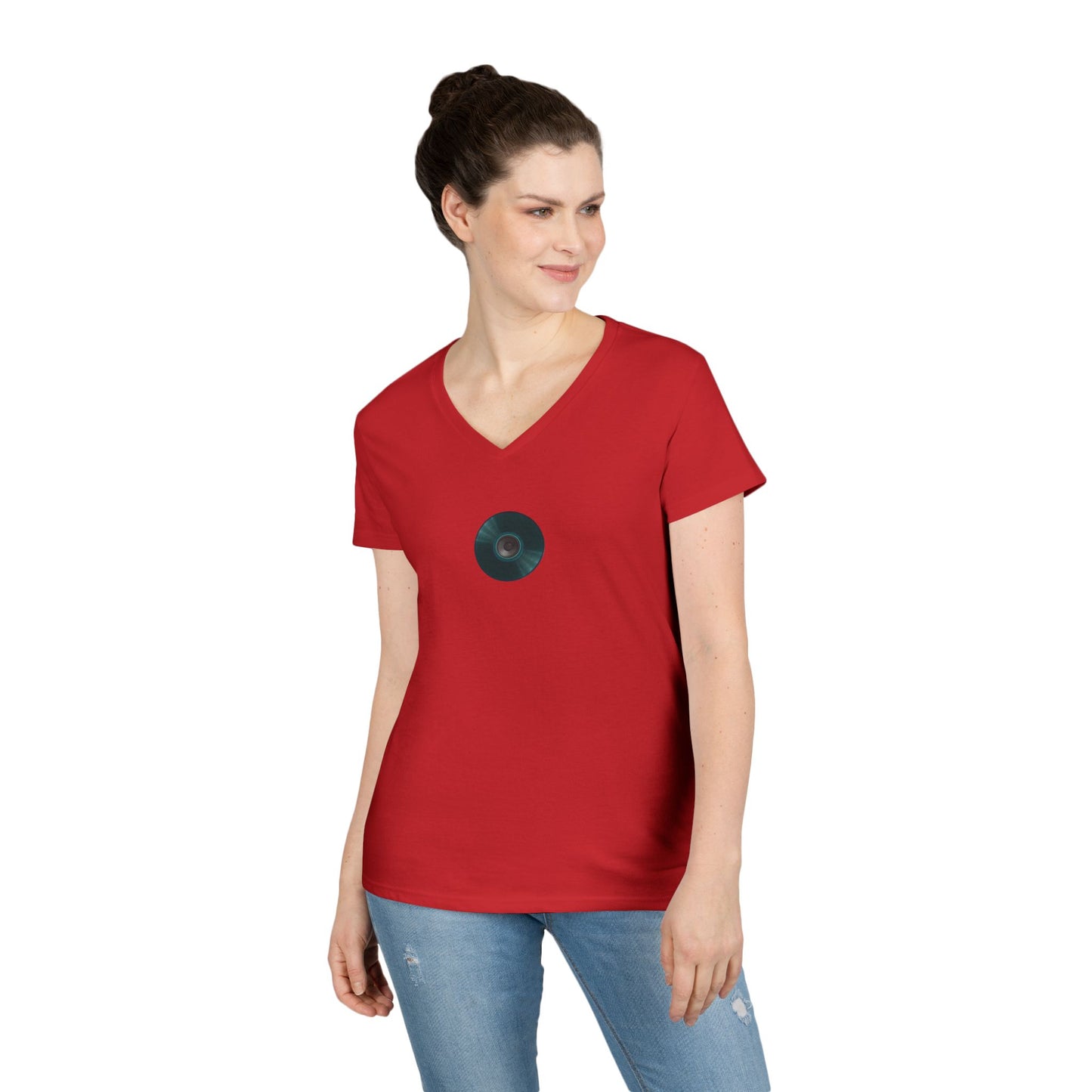 Women's Donut V-Neck Tee - "Speaker Donut" - vivid teal record donut w/