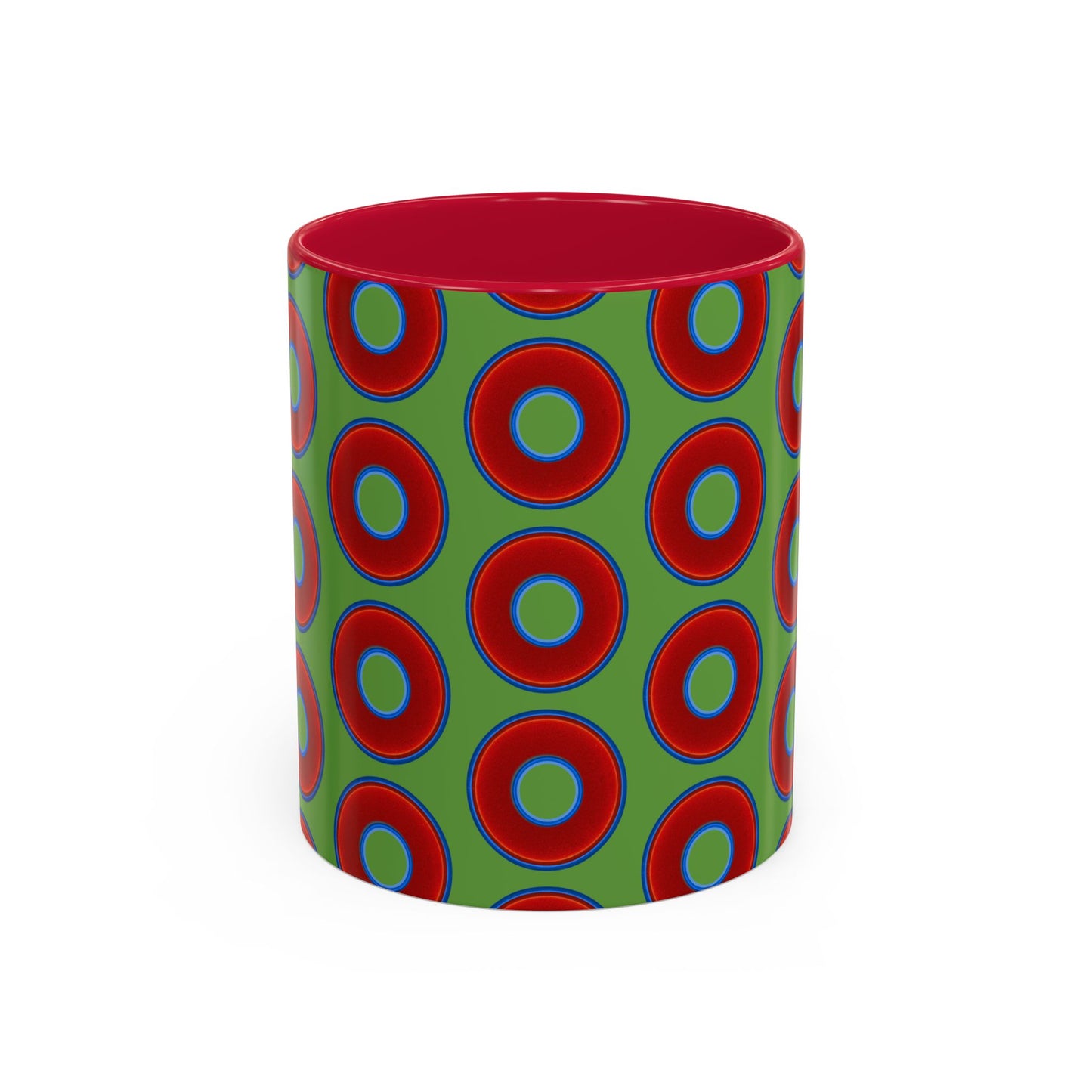 Lump's Grumpy Coffee Mug - vivid red donuts w/light green background