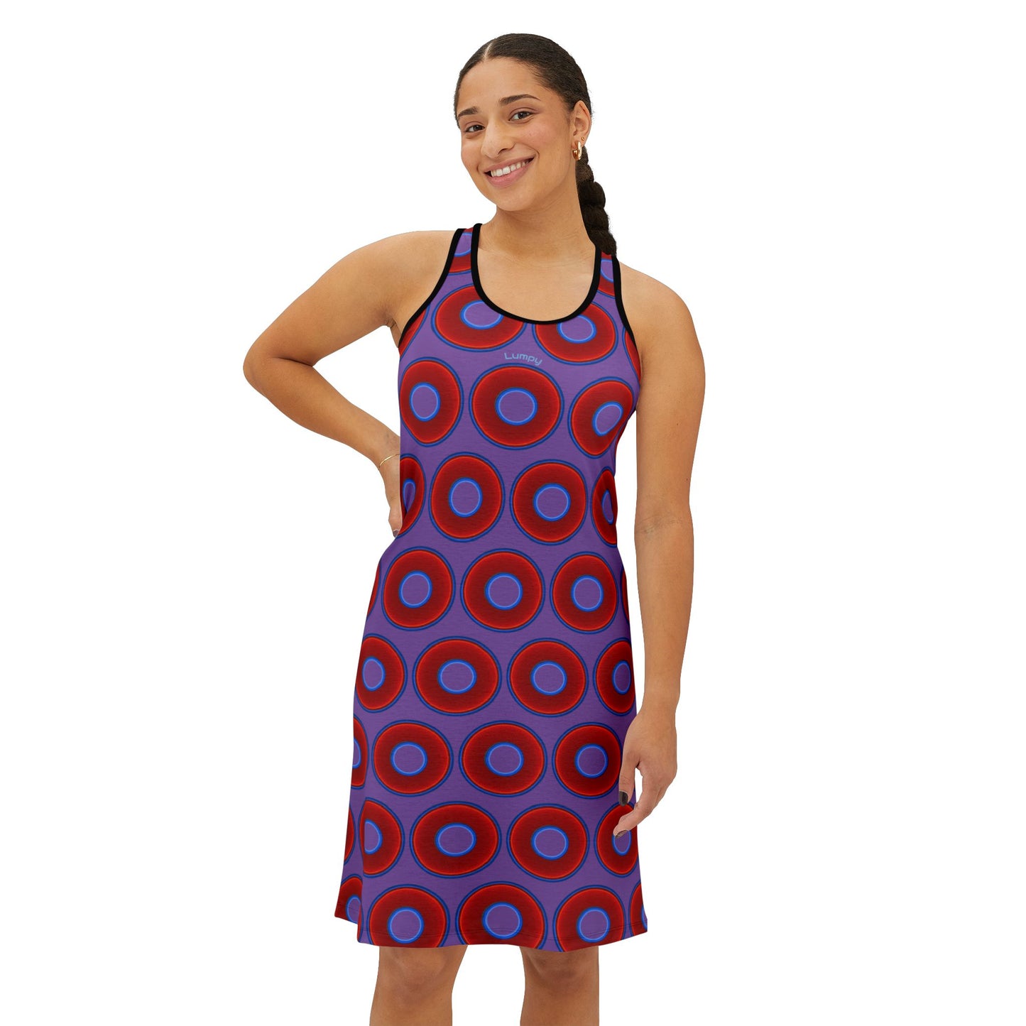 Tela's Lumpy Racerback Donut Dress - red vivid donut print w/light purple background