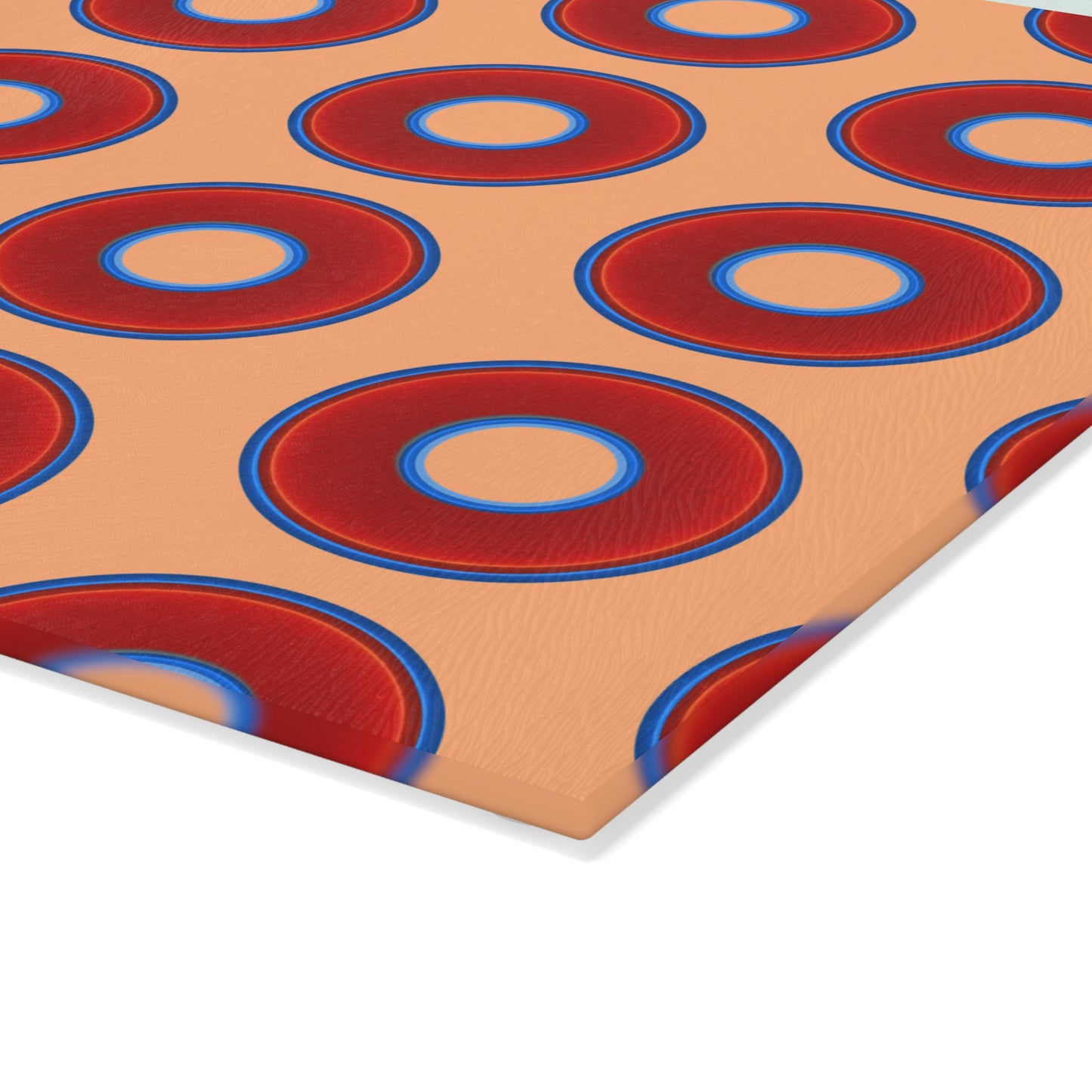 My Friend's Cutting Board - vivid red donuts w/peach background