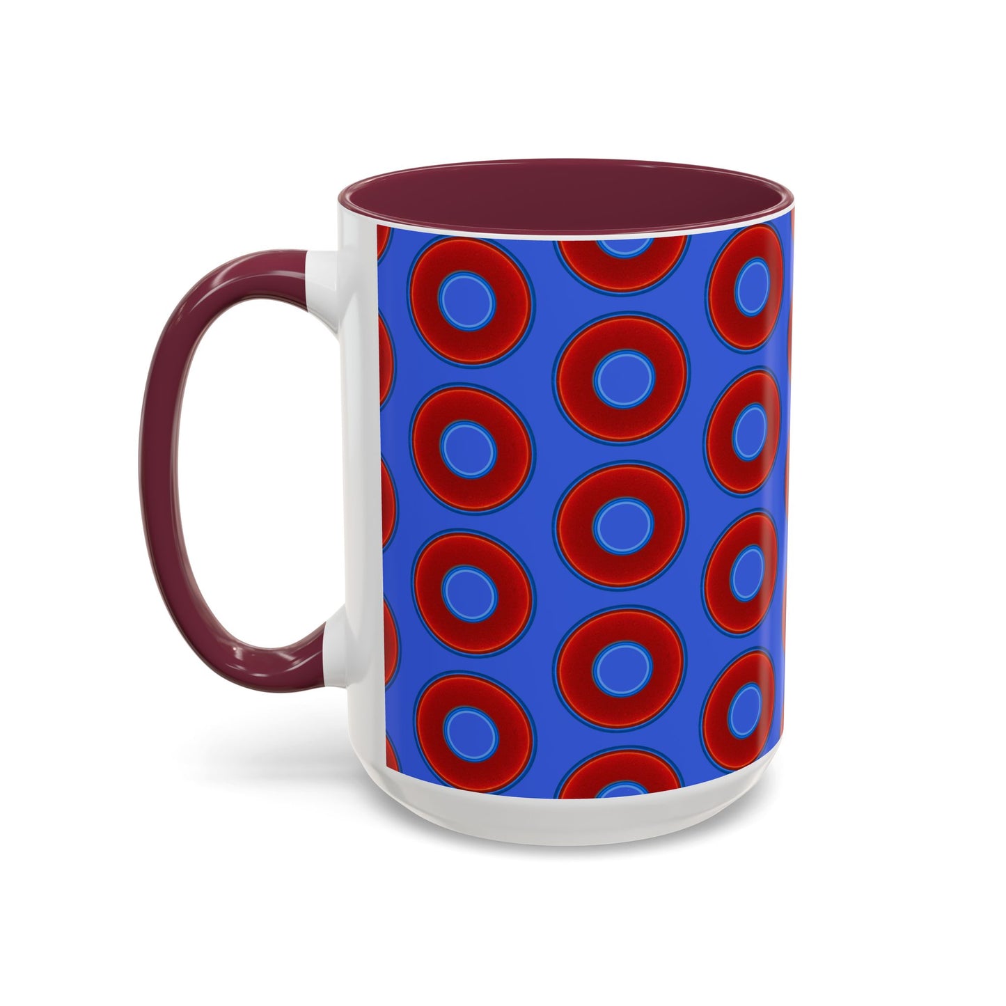 Lump's Grumpy Coffee Mug - vivid red donuts w/royal blue background