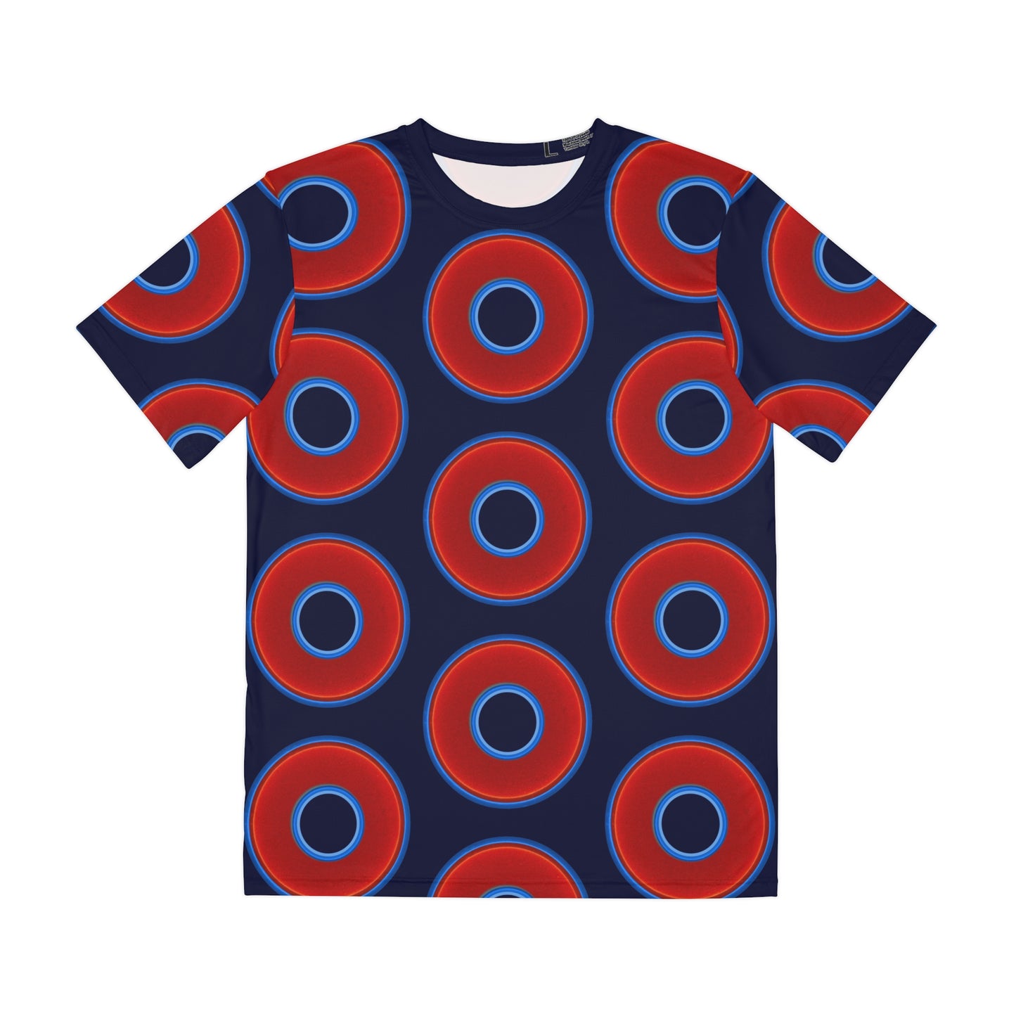 Multi-Beastie Giant Donut AOP Polyester Tee - red vivid donut print w/dark navy blue background