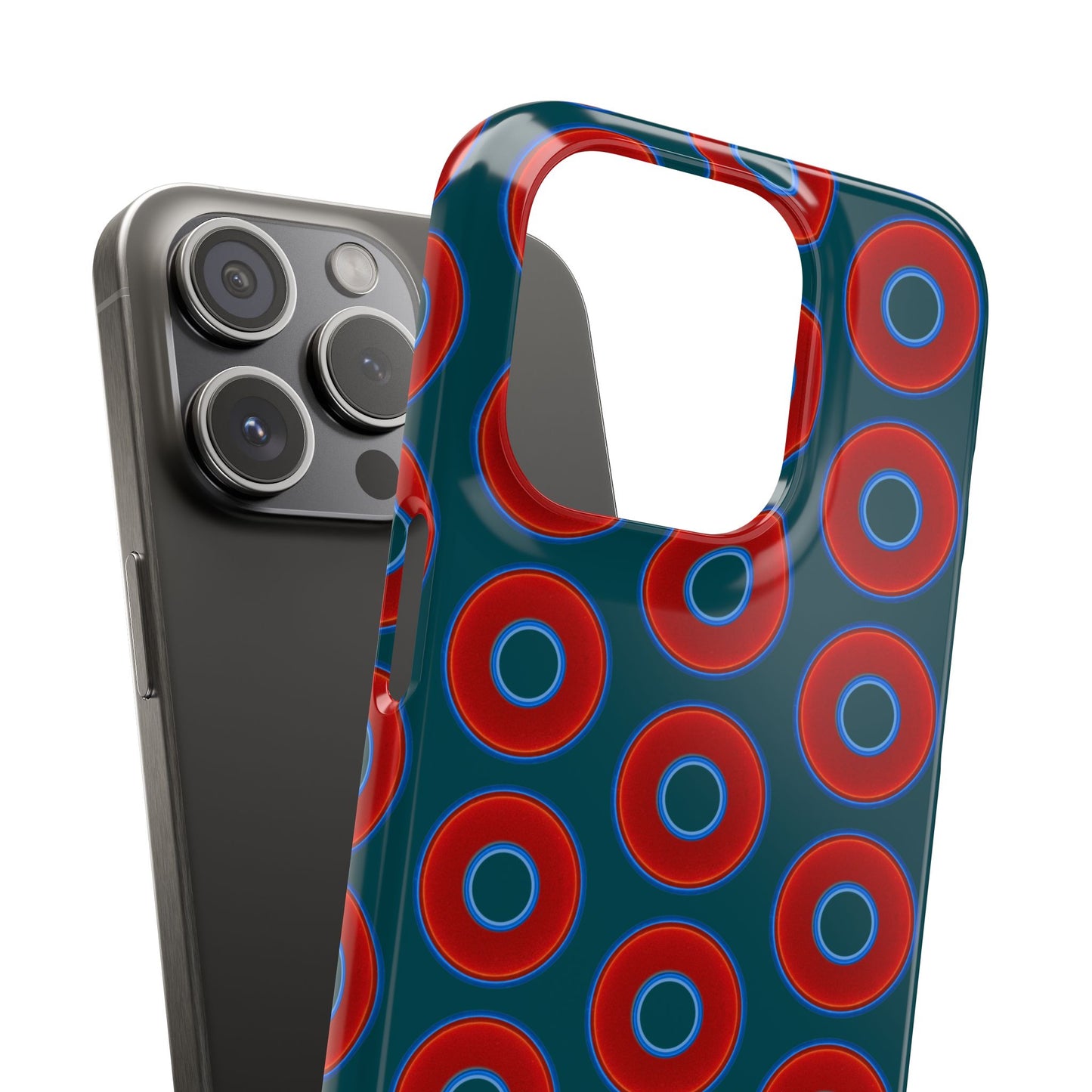 Lumpy Donut Snap Case - red vivid donut print w/midnight teal green background