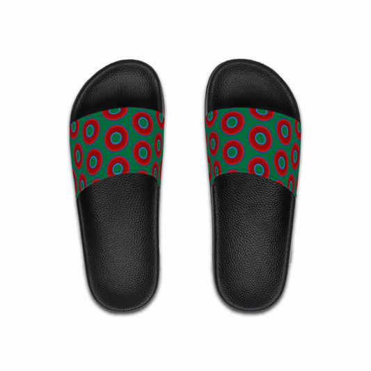 Men's Lumpy Sandals - slip-ons - red vivid donuts w/green background