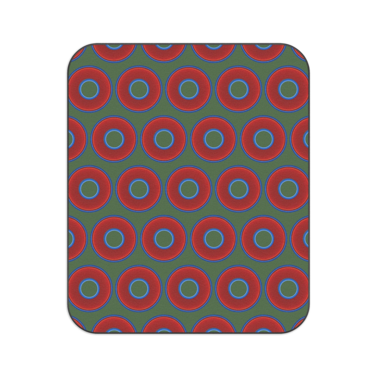 The Lumpy Party Blanket - giant water-resistant outdoor blanket [61" x 51"] - vivid red donuts w/dark green background