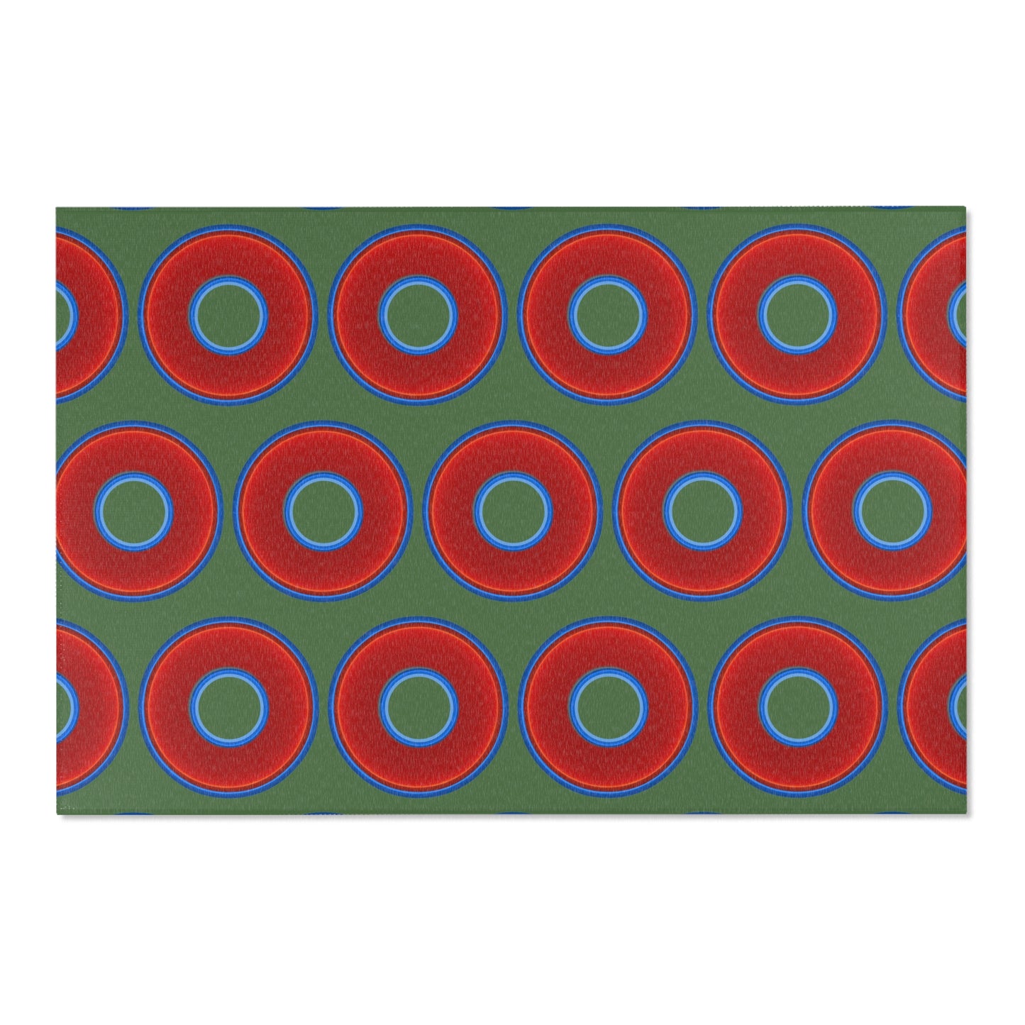 Lumpy Donut Print Rug - choice of 3 sizes - vivid red donut print w/dark green background