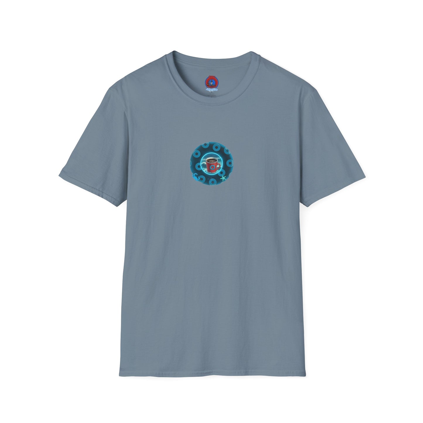 Lumpy Coffee Traders Tee - Unisex Soft-Style - "Good to Last Leaky Drop" - paradoxical donut - variant 2 - ocean donut front/logo back