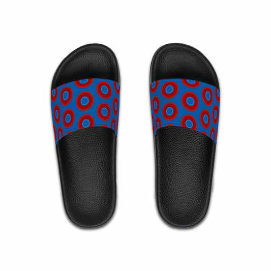 Men's Lumpy Sandals - slip-ons - red vivid donuts w/dark royal blue background