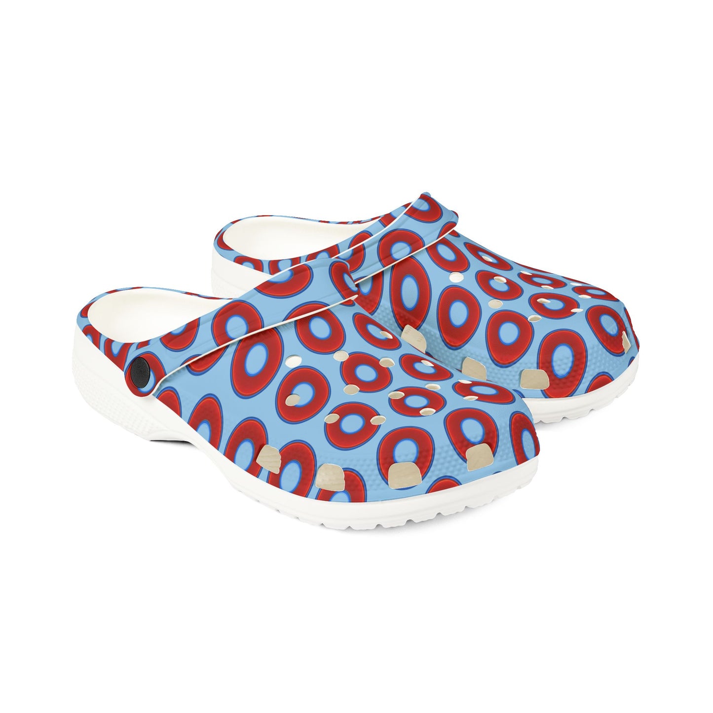 Spatchcocks - donut slip-on shoes - vivid red donuts w/sky blue background [unisex]