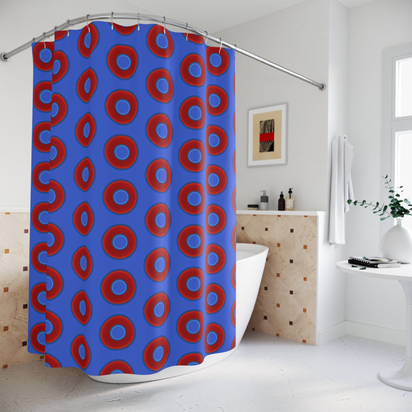 The Curtain With "Donuts" - Lumpy Bath Time Fun - vivid red donuts w/royal blue background