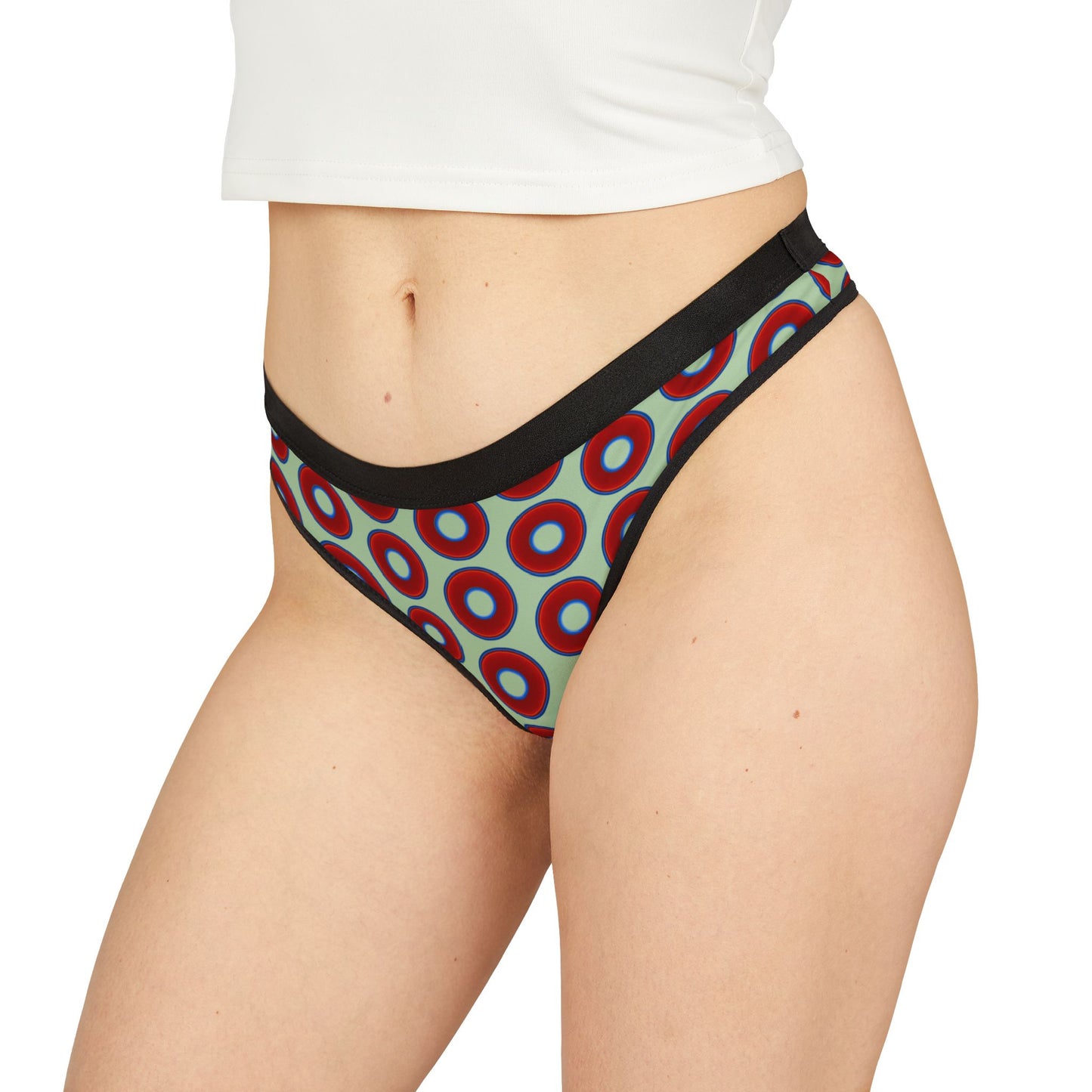 Lumpy Donut Thongs - red vivid donut print w/seafoam green background